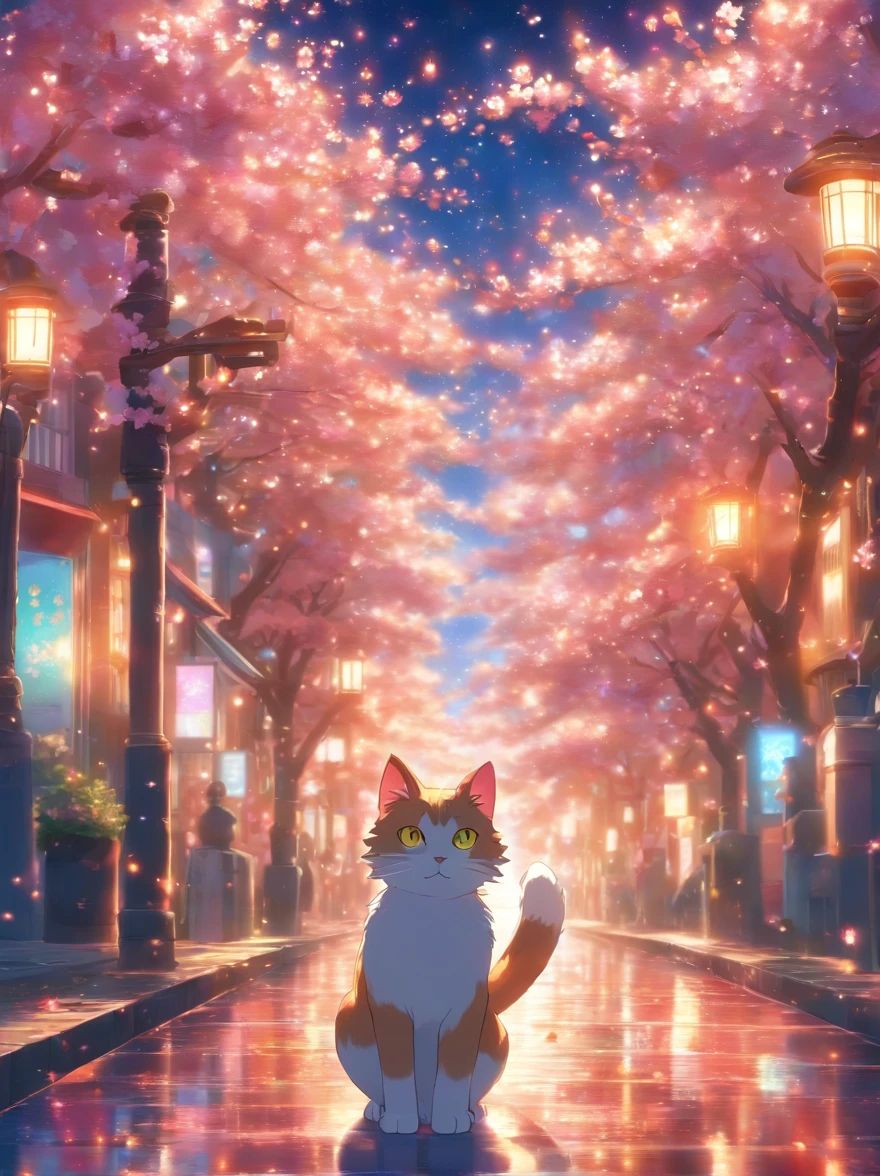 , a cat stands inside a breath taking street , surrounded by a kaleidoscope of vibrant cherry blossom and enchanting cherry blossom trees, (walking on the a street full of cherry blossom:1.2),(sky scraper:0.6) ,The starlit sky above is illuminated by strange and colorful hues of lights, creating an ethereal atmosphere