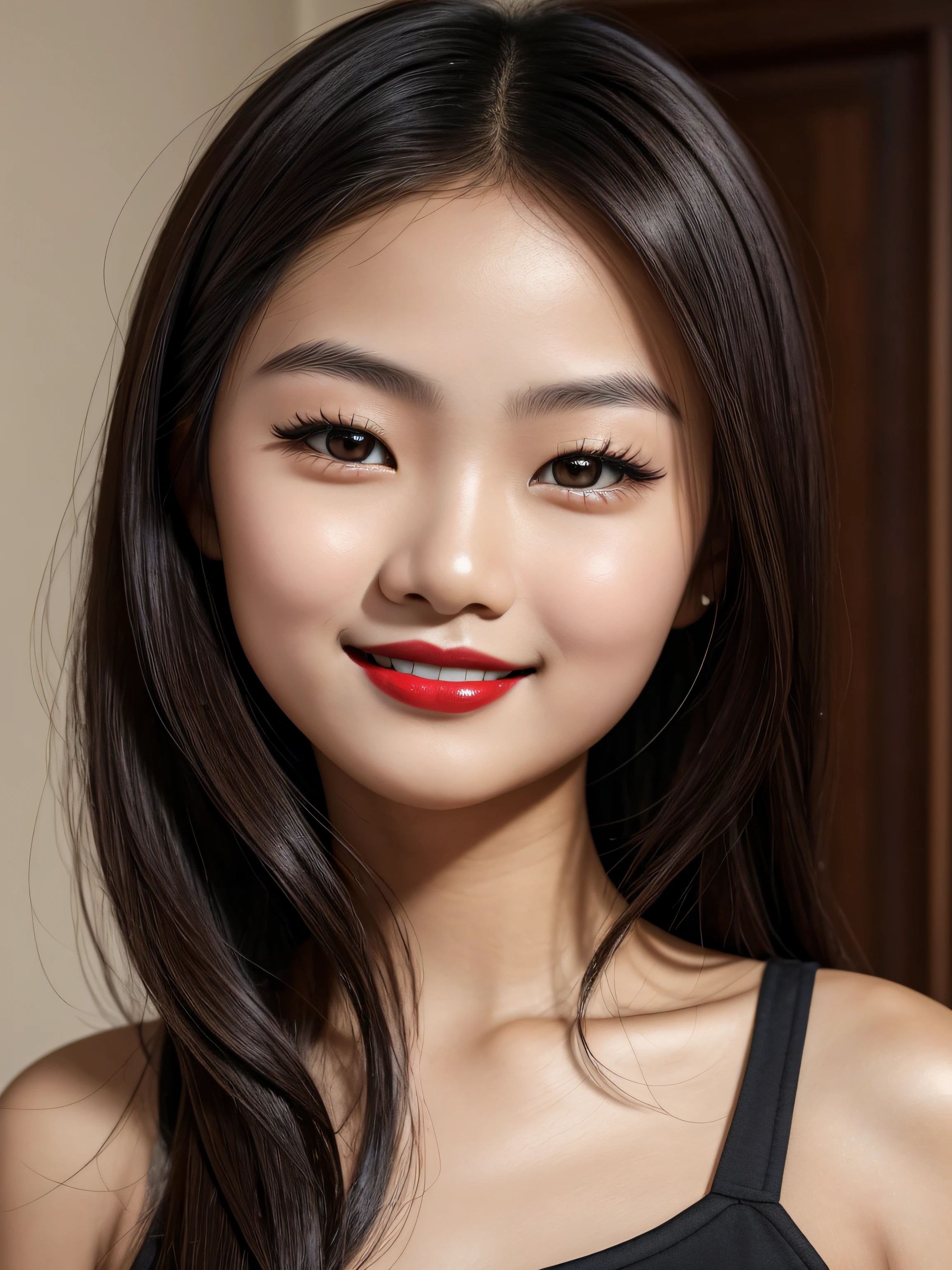 (Masterpiece), (Realistic), (Best Quality), (young)+(cute)+chinese woman, 18 years, dark skin, cute, very cute, broad jaw, big brown eyes, brown-black hair, long cheeks, slim thick, (hourglass body), curvy:0.3, short body, 150cm, small eyebrows:0.1, small brows, rounded brows, rounded eyebrows, short lips, smiling, dark red lips, cute facial expression, headshot portrait