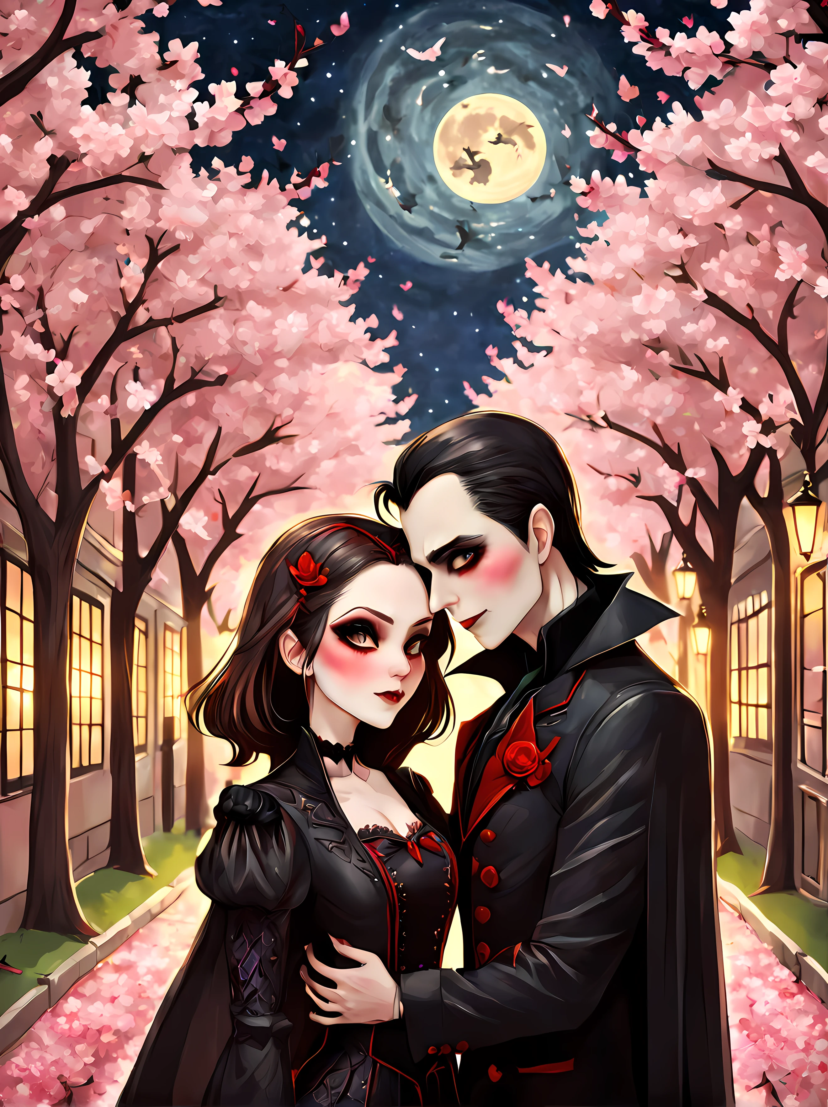 Cute Cartoon, CuteCartoonAF, (symmetrical:1.6), (close up shot:1.3), (noble vampire love couple on a long gothic street), ((gothic cherry blossom trees)), (moonlit starry night), vampiric, bats