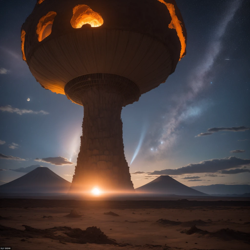 Alien base (Very detailed) In the mountainous desert,There are several exhaust fans and chimneys, Some spotlights come out of the base to illuminate dark places, (Extreme nights), Some clouds in the night sky, Some of the surrounding planets provide air to unknown planets,The farthest giant volcano is erupting