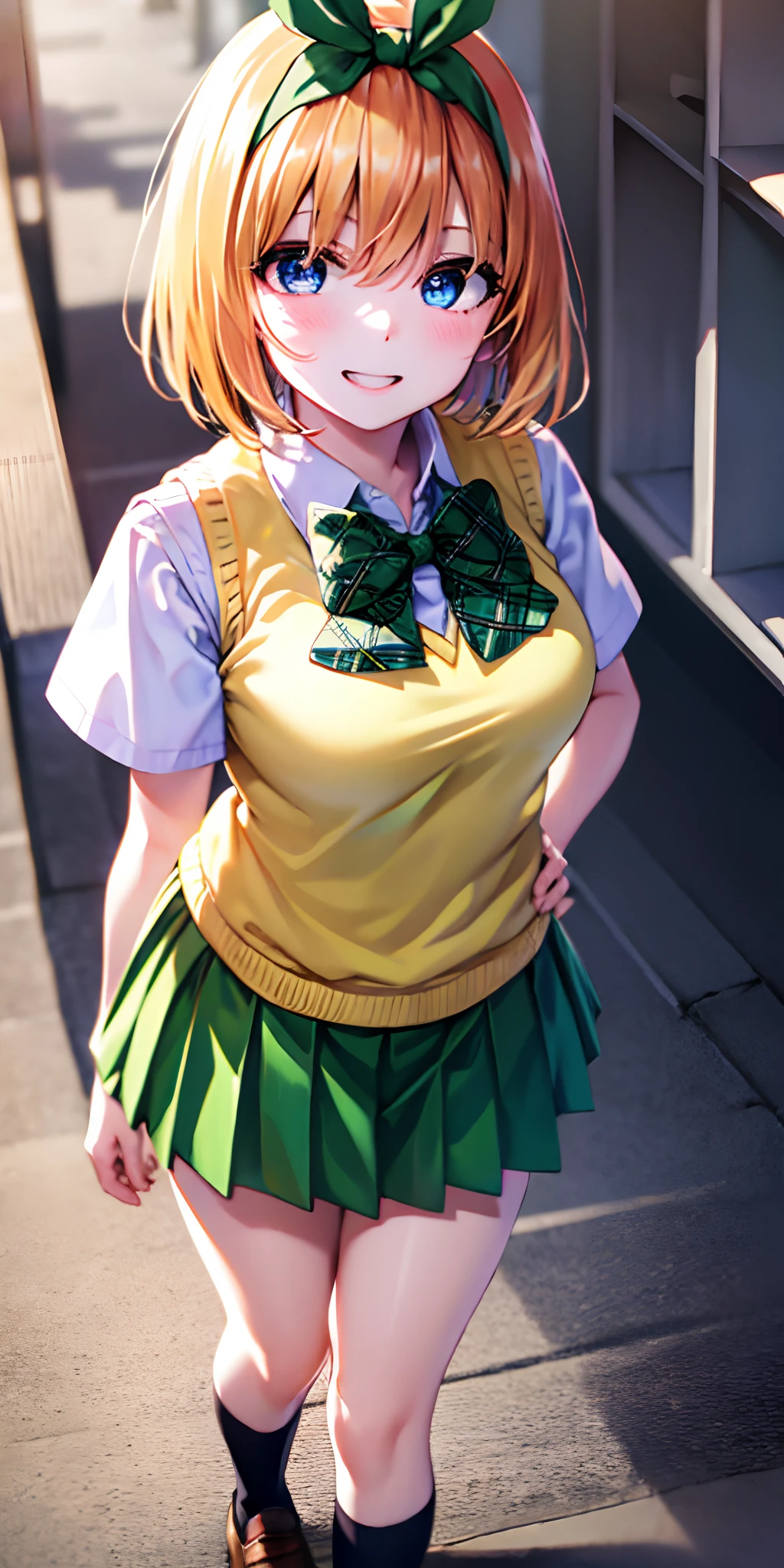 yotsubanakano, yotsuba nakano, bangs, short hair, blue eyes, hair between eyes, hair ribbon, hairband, orange hair, green ribbon,
BREAK skirt, shirt, bow, ribbon, school uniform, white shirt, short sleeves, pleated skirt, shoes, socks, collared shirt, miniskirt, bowtie, black footwear, kneehighs, green skirt, black socks, loafers, green bow, sweater vest, green ribbon, (yellow sweater vest:1.5),
BREAK looking at viewer,
BREAK indoors, classroom,
BREAK ultra-detailed, best quality, high resolution, unity 8k wallpaper, extremely detailed CG, (beautiful detailed eyes:1.6), extremely detailed face, perfect lighting, extremely detailed CG, (perfect hands, perfect anatomy),
happy smile, laugh, grin,white teeth, wide-eyed, dynamic pose, head tilt, from above, looking up at viewer,