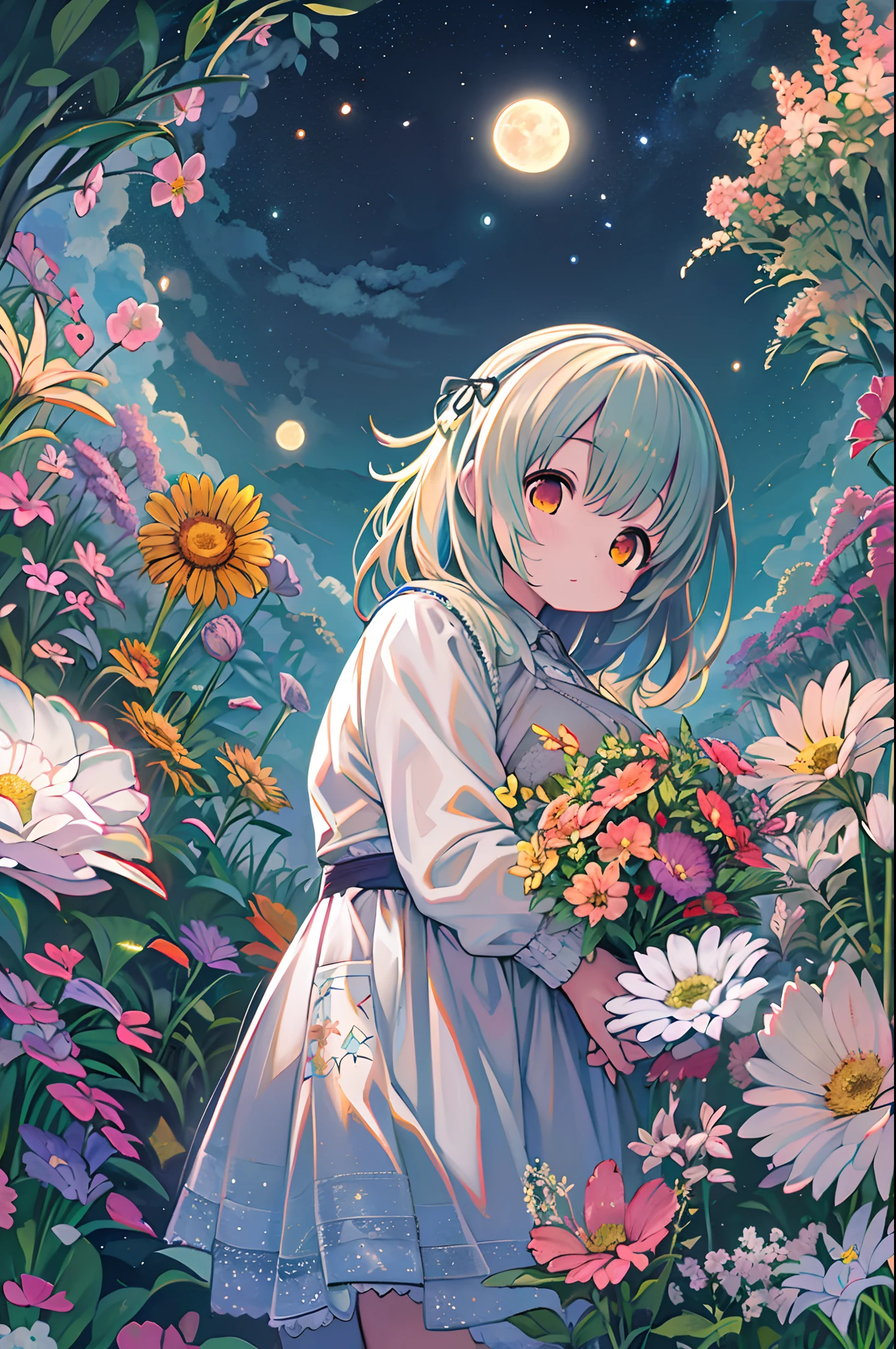 of the highest quality, high_resolution, Distinct_image, Detailed background, girl, flower, garden, Starry sky,、Huge chubby、Ultramammy