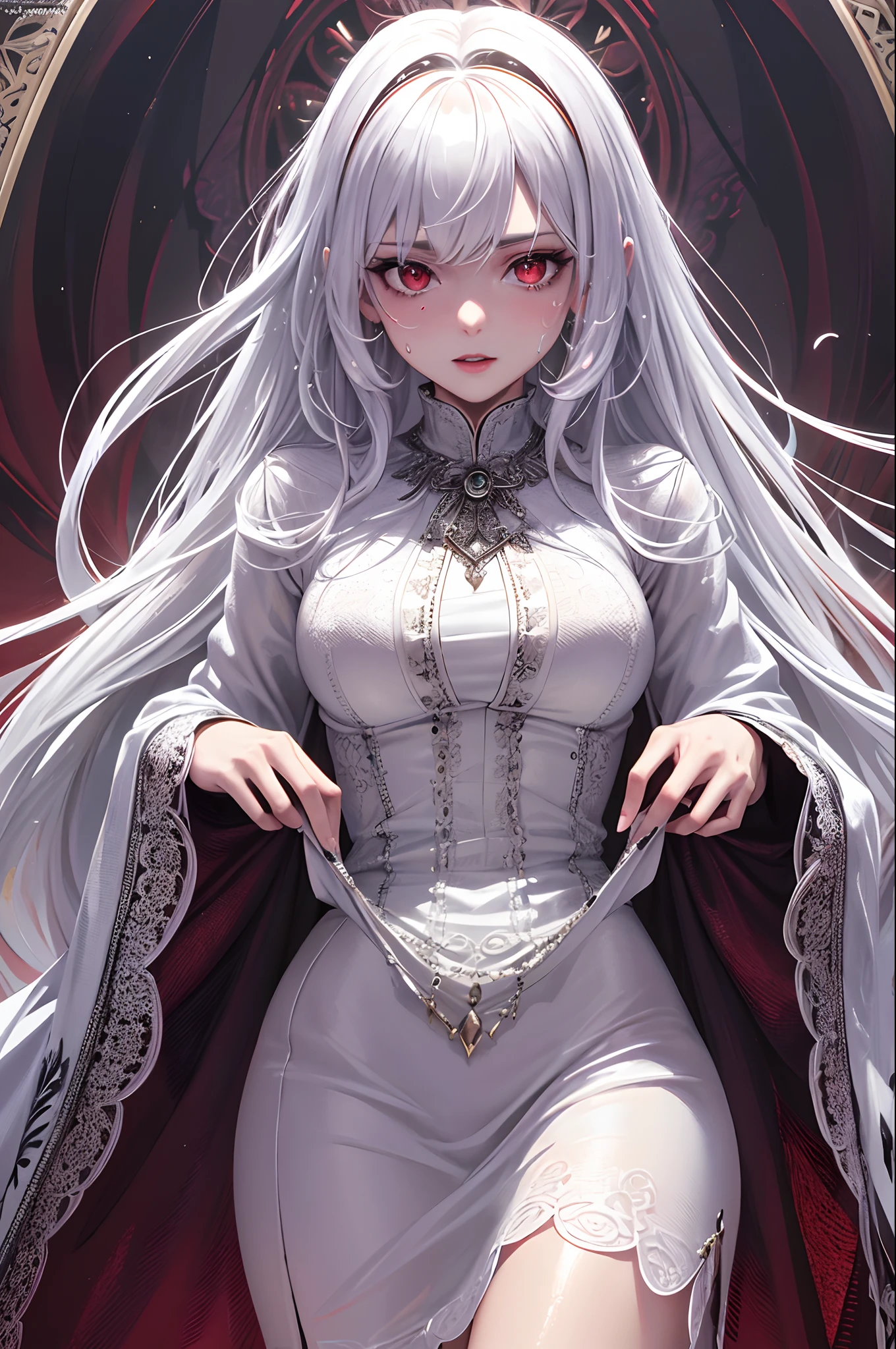 (masterpiece, top quality, best quality, official art, beautiful and aesthetic:1.2), (1girl:1.3), (fractal art:1.3),absurd, masterpiece, best quality, realistic, hyper-detailed, (shiny skin, sweaty:1.4), looking at viewer, slender, 1girl, solo, white sneakers, white miniskirt, straight long hair, princess cut, purple hair, red eyes, (thick thighs:0.5), dynamic lighting, high resolution, sharp focus, depth of field, small breasts,vampire, masterpiece, best quality, ultra-detailed, illustration, ultra-detailed face, best quality face, evil, 30 years old, adult, 1girl, 30 years old, no human, white hair, alchemy outfit, intricate detailed outfit, sexy pose, glowing red dress