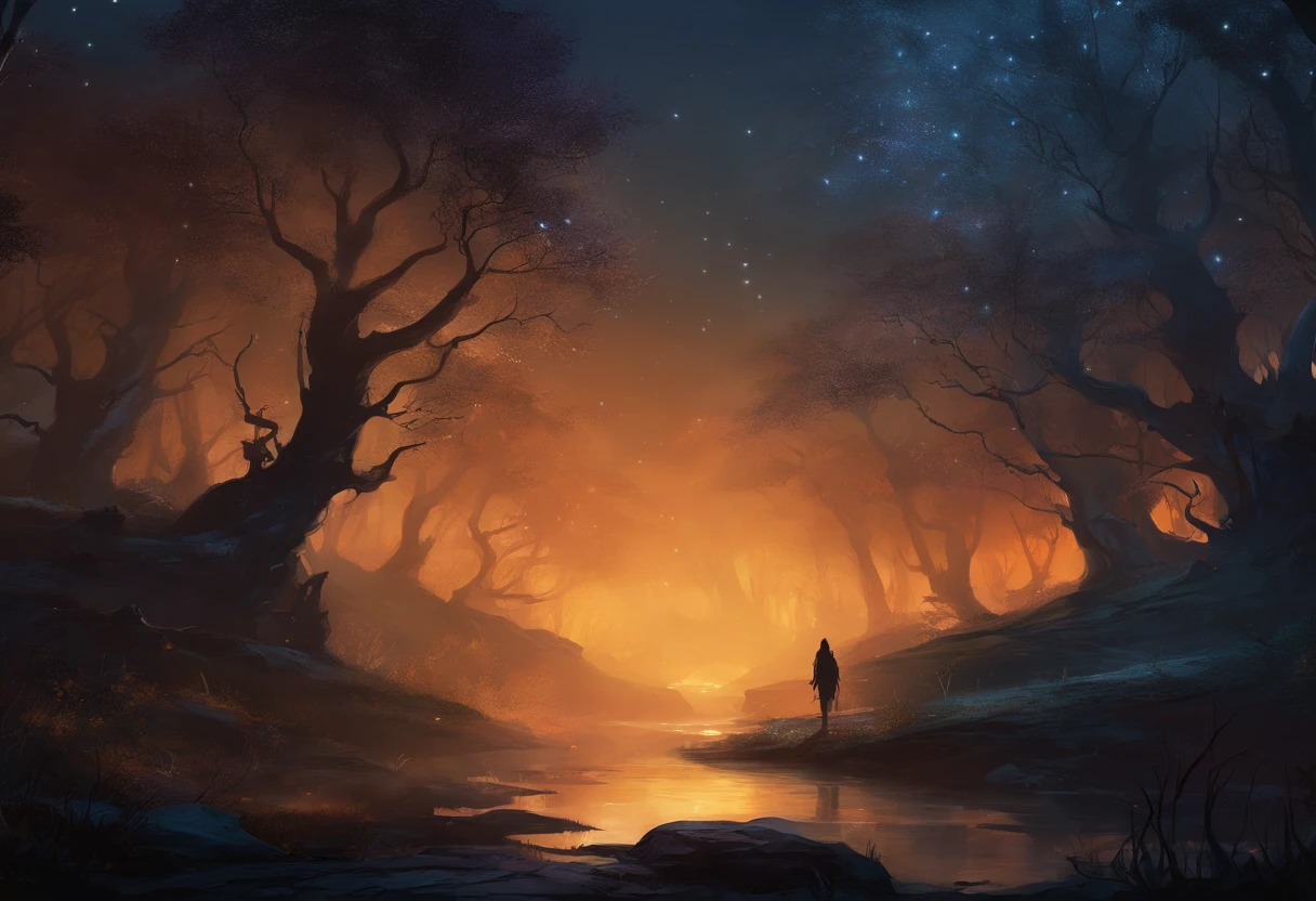 Best Shadowy Forest Landscape at Night with Mists and Dry Trees, caveiras, noite escura, darkeness, Sombras, surrealismo, melhor qualidade, Ultra realista, highes definition, extremamente detalhista, high saturated, Alto contraste, obra prima, macabro, noturno, sombrio.