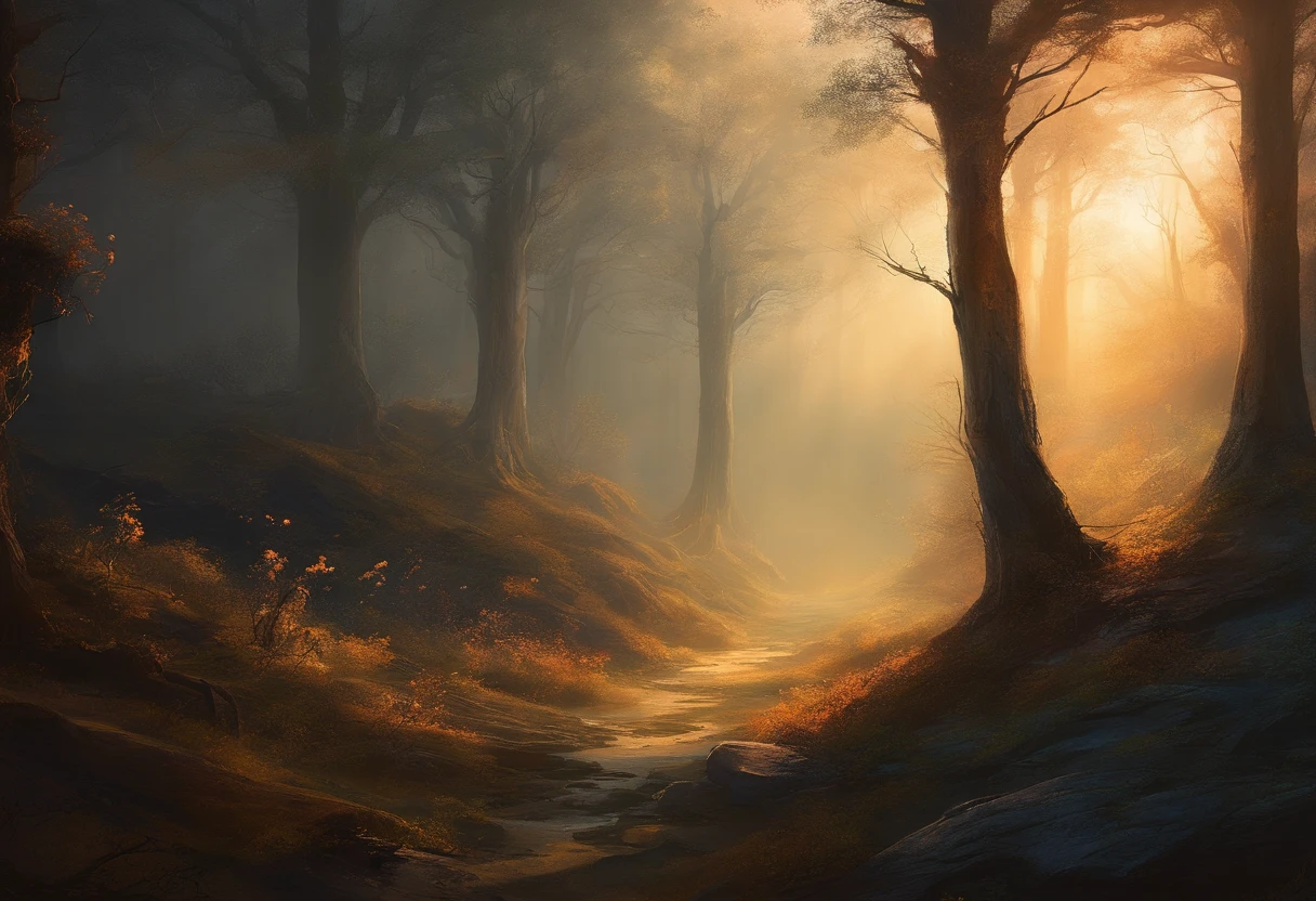 Best Shadowy Forest Landscape at Night with Mists and Dry Trees, caveiras, noite escura, darkeness, Sombras, surrealismo, melhor qualidade, Ultra realista, highes definition, extremamente detalhista, high saturated, Alto contraste, obra prima, macabro, noturno, sombrio.