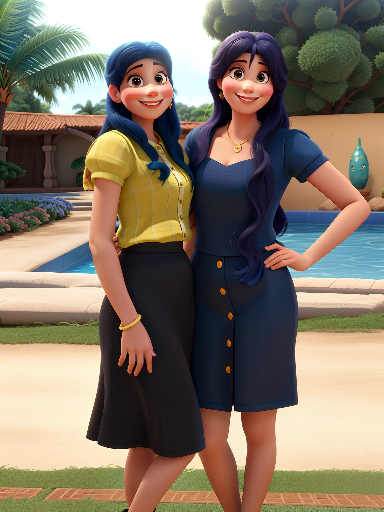 Duas mulheres sorrindo estilo disney pixar melhor qualidade alta qualidade.
