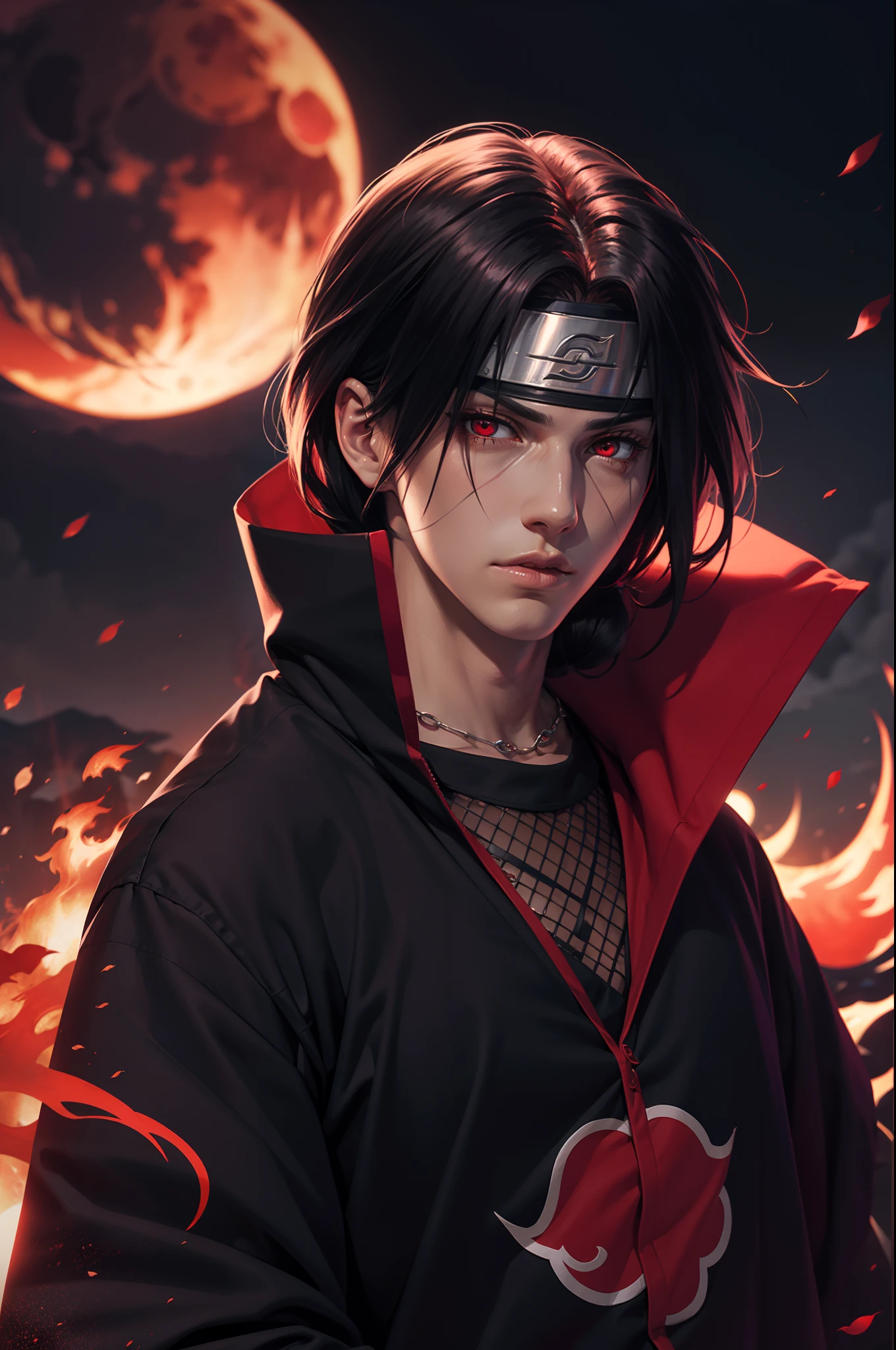 Masterpiece, high detailed, a young man covered in black cape with red cloud drawing or akatsuki robe from naruto, itachi uchiha, red eyes, upper body, shinobi, Konoha headband, red moon in the background, red theme, from naruto, long hair, covered in red flame