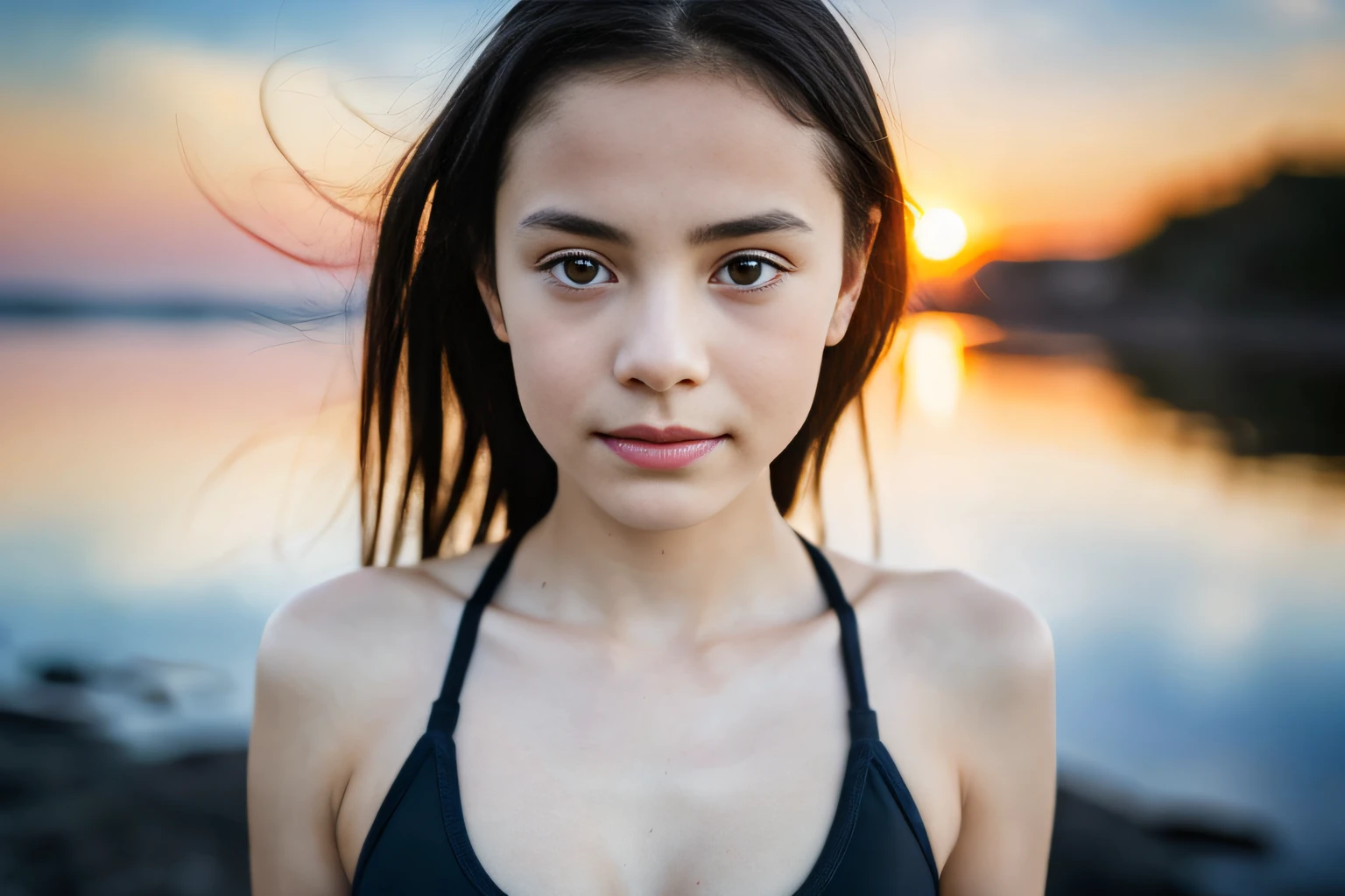 (Photo from the abdomen up), 1 cute girls, Portrait, Bokeh, ( masutepiece), acurate, Anatomically correct, F/1.8, 90 mm, Fujifilm GFX 50R, Raw photo, Regina Display, Super Detail, high details, High quality, Best Quality, hight resolution, nffsw, 1080p HD, 4K, 8K, (((************ 1 girl))), Realism, (The face and body are full of the front), (Standing), ((Small breasts)), (black sports bra), Medium Hair, Beautiful white skin, Young features, Beautiful , Soothing tones, High contrast, Natural Skin Texture, Swedish, aurora sky, (Shy ), sea_art,