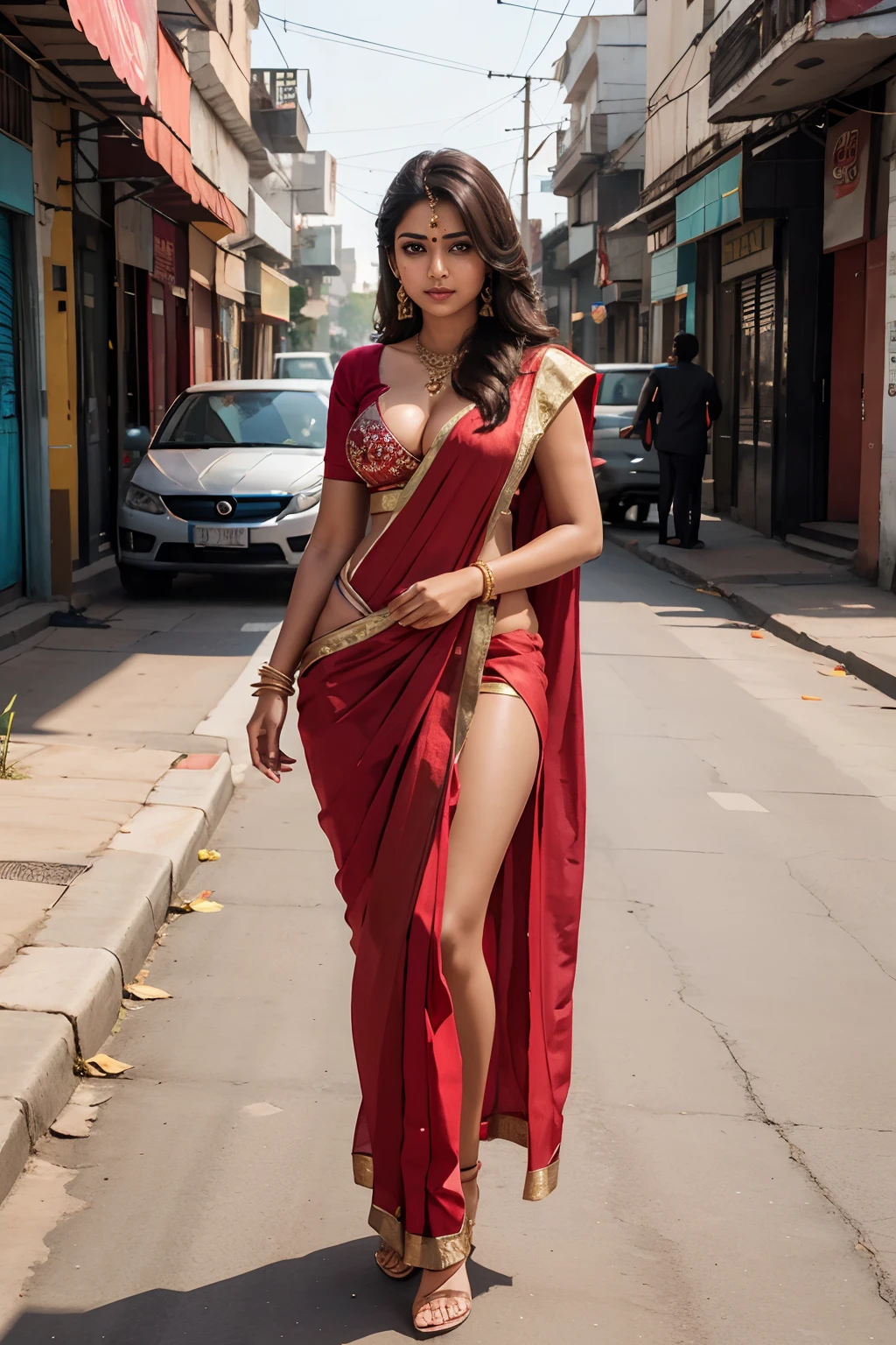 Sexy Indian girl with big boob in in saree dress costume, full body, photorealstic, detail face and skin,street background, 8k resolution, hyperealistic