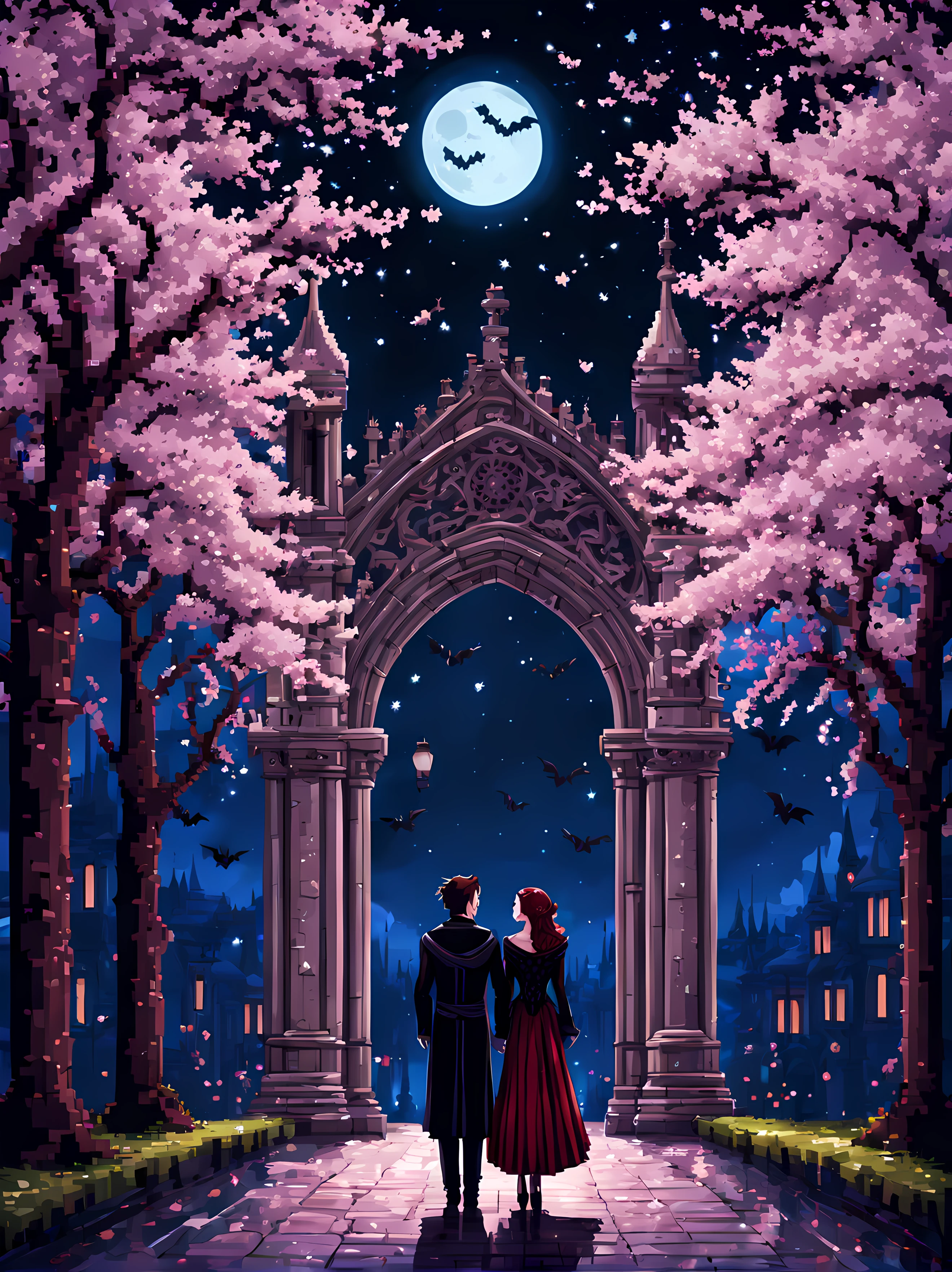 (symmetrical:1.6), ((view behind the elegant gothic arc)), (pixel art:1.3), (close up shot:1.3), (noble vampire love couple on a long cosmic street), (gothic architecture), (cherry blossom trees), moonlit starry night, vampiric, bats