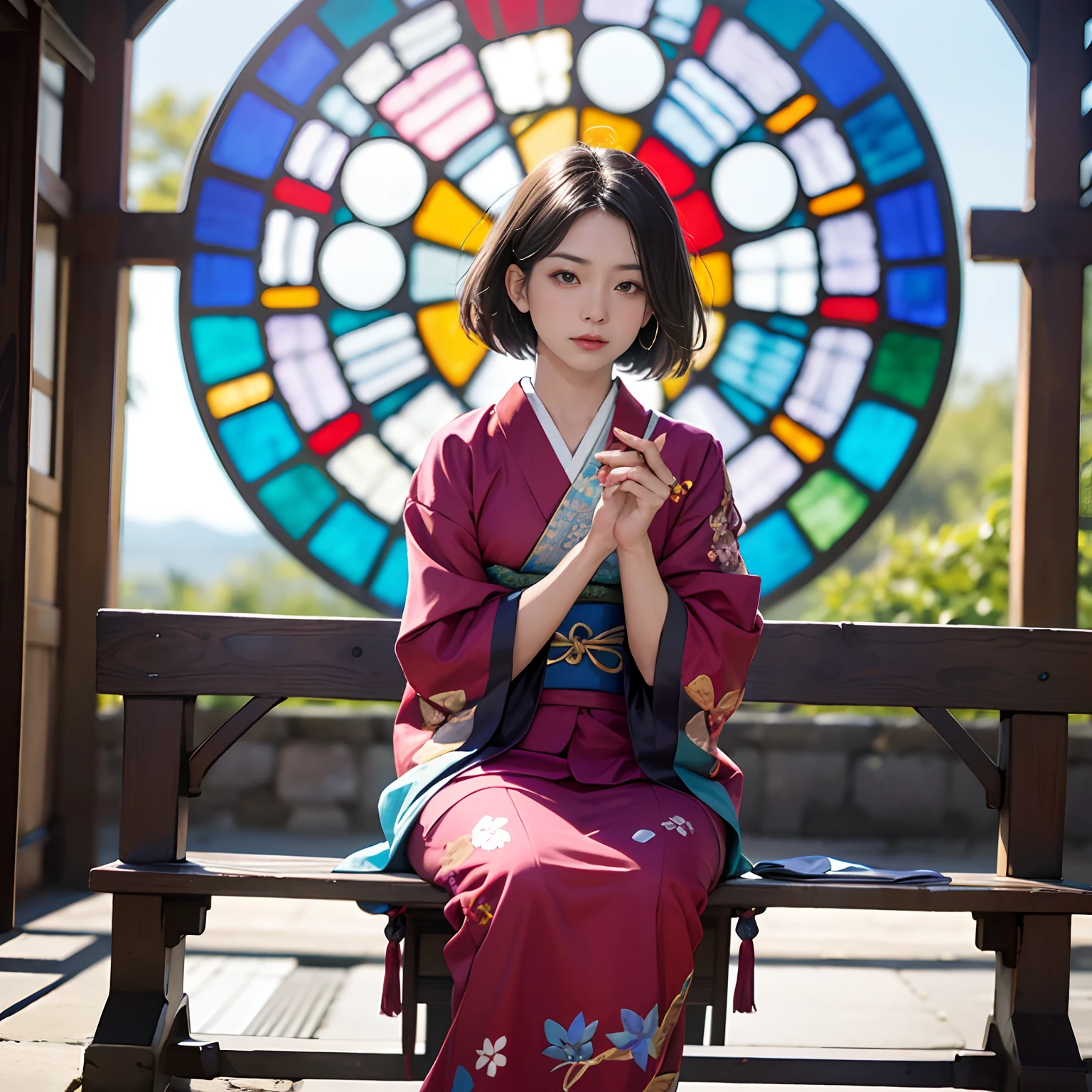 Background of details(Intricate stained glass),BREAK ,elaborate costume(Luxurious Japan kimono(Colorful kimono(detailed embroidery()))),BREAK,(1 Beautiful and classy adult woman(Shy smile:1.2)(Japanese actressl:1.2)(A dark-haired:1.2(short-hair:1.2))),(eye glass:1.2),(Sitting on a bench),BREAK,Wallpapers 16K,Blur the background,)(masutepiece,Best Quality,Portrait photos):1.5),full body Esbian,3D Pixel Art