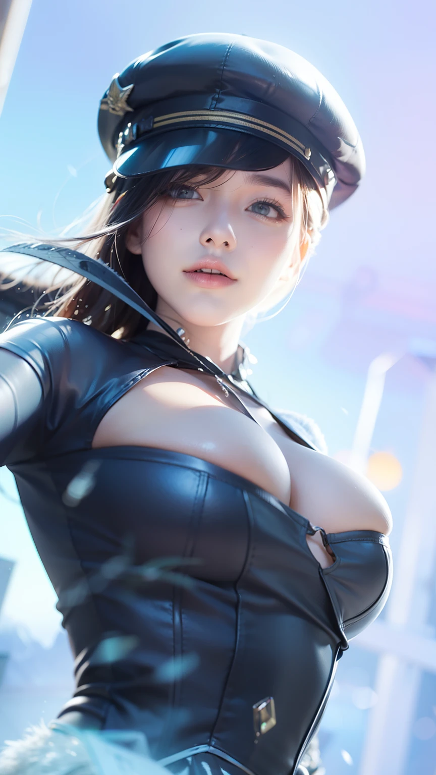 best quality,4k,8k,highres,masterpiece:1.2,ultra-detailed,photorealistic:1.37,landscape,portraits,professional,sharp focus,vivid colors,HDR,physically-based rendering,bokeh,studio lighting,extreme detail description,realistic digital painting,Northern Lights,snow-capped mountains,crystal clear lake,swaying pine trees,serene atmosphere,majestic beauty,sunlight pouring through clouds,subtle color transitions,delicate brushstrokes,dramatic depth of field,peaceful solitude,harmonious color palette,ethereal glow,meticulous attention to detail,audience captivated,breathtaking scenery,impeccable level of realism,awe-inspiring landscape,serenity depicted in every stroke,(large D breast and exsposed cleavage: 1.6),naughty smile,red lips,bright yellow eyes,