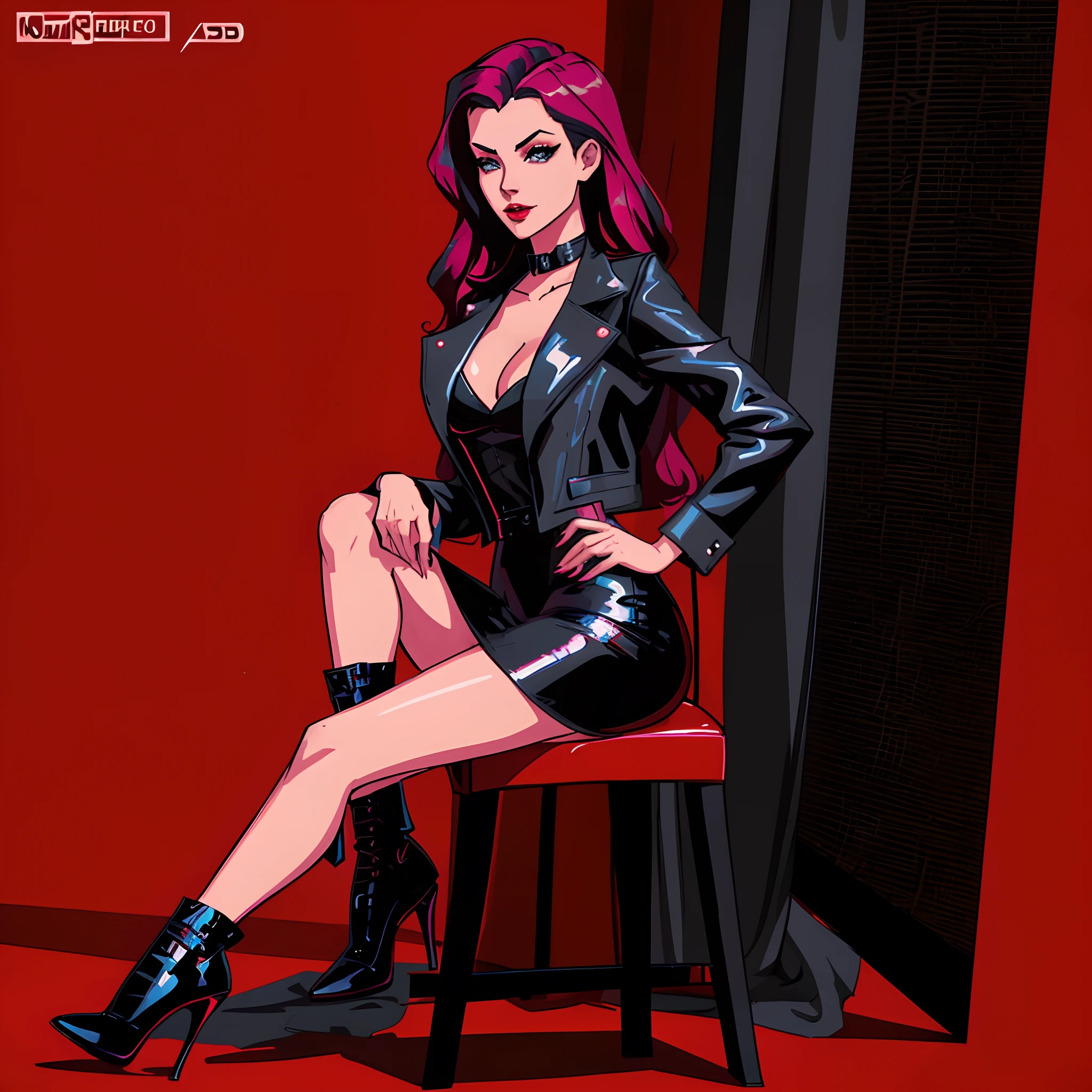 a woman in a black dress sitting on a red chair, fully clothed. painting of sexy, high quality fanart, in style of digital illustration, dominatrix, in the art style of bowater, pinup art, alejandro burdiso style art, inspired by Tomer Hanuka, official fanart, glossy digital painting, digital cartoon painting art, comic pinup style