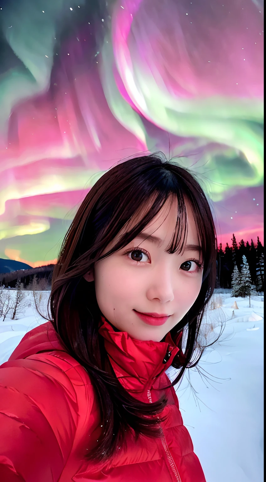 beautiful, masterpiece, best quality, extremely detailed face, perfect lighting, (absurdres), (ultra detailed, 8K, ultra highres:1.2), in the forest, 1girl, solo, ((looking up to sky, face up, watching dark sky)), long dark brown hair, wearing white winter jacket, open mouth, amazed, surprised, (glad), (happy), (face focus), (above shoulder), (from just in front), snow outside, frost-covered trees, rime, no building, ((nothing around girl, just sky)), in the nature, detailed background, in Hokkaido, ((dark at night)), amazing beautiful aurora in the sky, (((red aurora, Northern lights))),