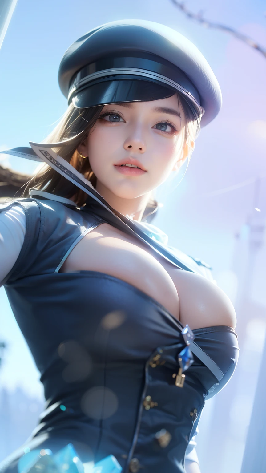 best quality,4k,8k,highres,masterpiece:1.2,ultra-detailed,photorealistic:1.37,landscape,portraits,professional,sharp focus,vivid colors,HDR,physically-based rendering,bokeh,studio lighting,extreme detail description,realistic digital painting,Northern Lights,snow-capped mountains,crystal clear lake,swaying pine trees,serene atmosphere,majestic beauty,sunlight pouring through clouds,subtle color transitions,delicate brushstrokes,dramatic depth of field,peaceful solitude,harmonious color palette,ethereal glow,meticulous attention to detail,audience captivated,breathtaking scenery,impeccable level of realism,awe-inspiring landscape,serenity depicted in every stroke,(large D breast and exsposed cleavage: 1.6),naughty smile,red lips,bright yellow eyes,