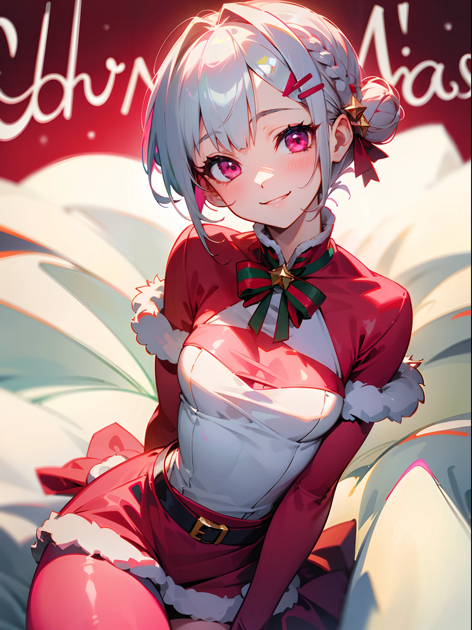 1girl in、Short hair with silver bob styled in a bun with hair clip, Pink eyes、small tits、A smile、Laugh、Christmas、Dressed in Santa Claus costume、Colors based on red and green