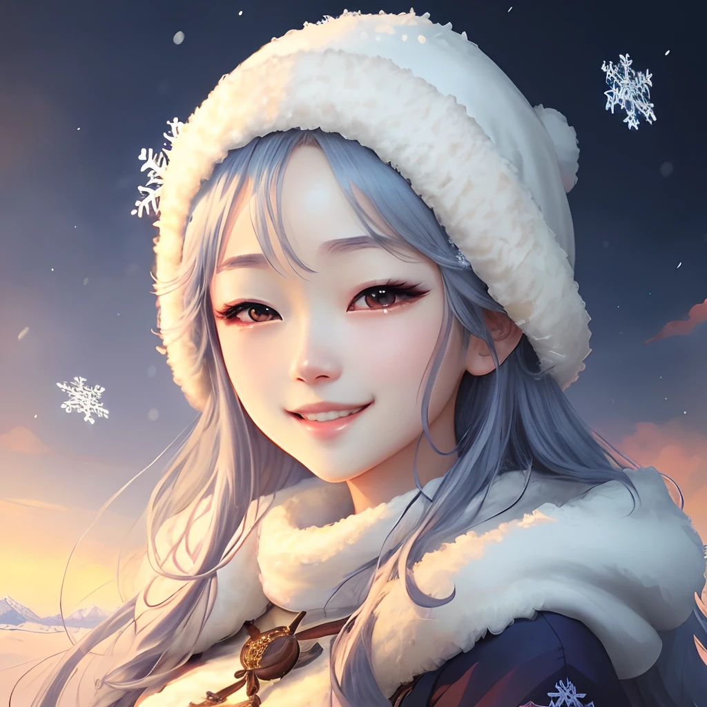 Anime girl wearing snowflakes and snowflakes and white dre, beautiful anime artwork, beautiful anime art, Beautiful anime girl, beautiful anime woman, Beautiful Anime Portrait, beautiful fantasy anime, guweiz on pixiv artstation, Anime girl with long hair completely pure white, Very white skin、anime fantasy illustration, Beautiful anime, high definition anime art, anime fantasy artwork, goddess of winter、 Perfect pro potion Smiling