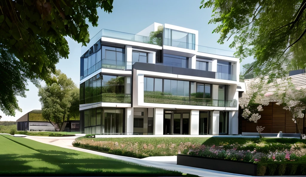 RAW photo, Masterpiece, high quality, best quality, authentic, super detail, (exterior),
one 3-storey office building, contemporary architecture style, the front facade uses large glass walls. White. Natural light, bright. Garden in front, back, many trees, flowers.
bright sky, high detailed :1.2, 8k uhd, dslr, soft lighting, high quality, photography shot with Leica CL with Leica Summilux-TL 35mm f-1.4 ASPH, ar 16:9