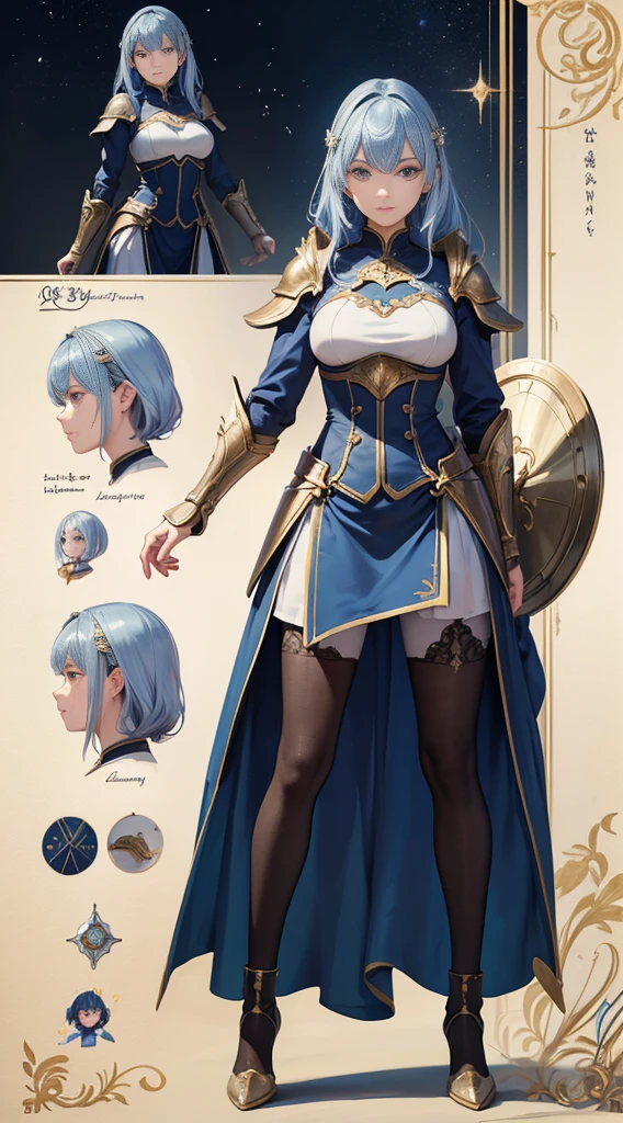 ((Masterpiece, Highest quality)), Detailed face, CharacterDesignSheet， full bodyesbian, Full of details,, Highly detailed, Depth, Many parts，Beautiful paladin girl，Holding a shield，Extremely beautiful，High Balance, Natural light, Lace，lacepantyhose，sparkling with stars，Azure hair,hentail realism, shadowing,character sheets, reference sheet, Standing painting, 8K, Super detail, 1080p, Women's HD，Slim，femele, 16k, A high resolution, Best quality, High quality, Anatomically correct, Masterpiece, ccurate, hyper HD，As graceful as a swan，unreal-engine， Ghibli-like colors, anime, Standing painting, angle of view,