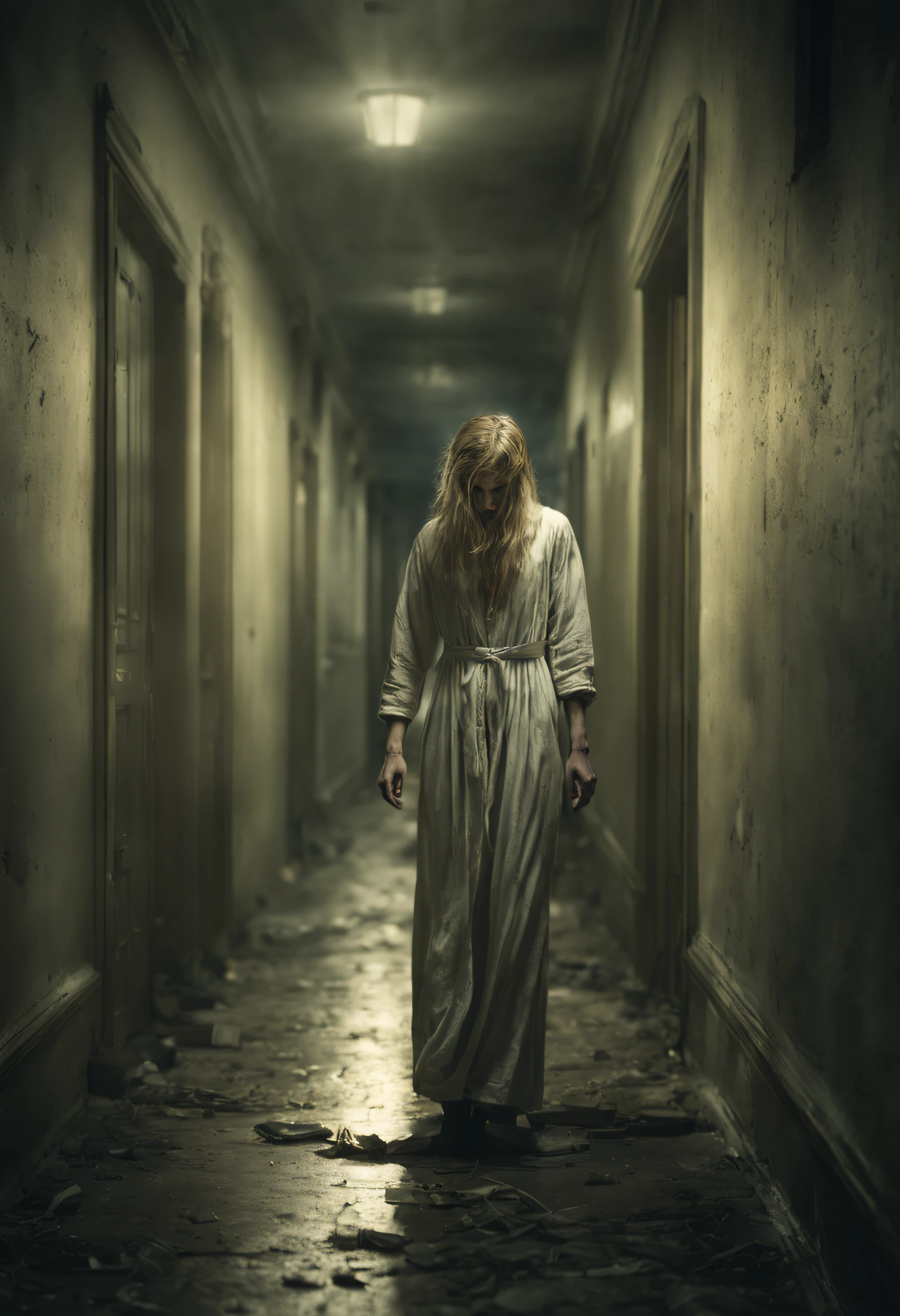 A female figure, weak and exhausted, caught in a whirlwind of delirium, yet with a spark of lucidity in their eyes. Background a corridor in an asylum, UHD, 16k