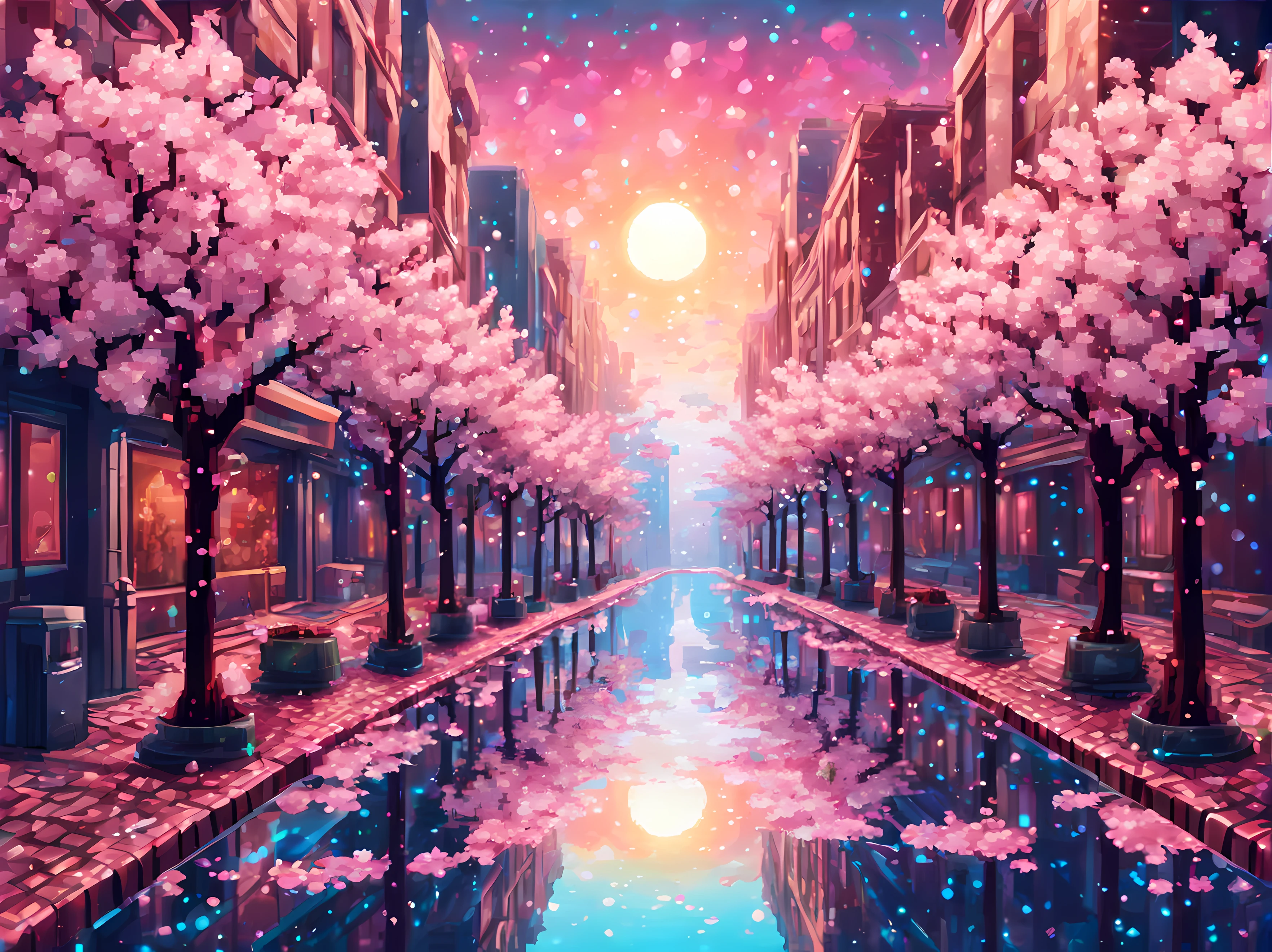 (symmetrical:1.6), (low angle shot:1.3), (pixel art:1.3), (long cosmic street) with cherry blossom trees, cosmic street, water splash, (((ethereal)))