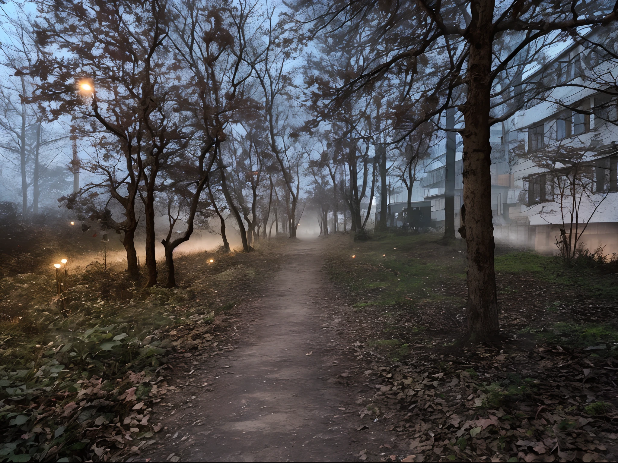 There is a path, which is surrounded by trees and leaves, in the evening, photo taken at night, Taken on a Sony A3, 8k 50mm iso 10, Tree-lined path at sunset, 2 4mm ISO 8 0 0, Nature, growing around the city, ground level view of soviet town, track, taken with sony a7r camera, Dark, mist, Foggy, Creepy Monsters, Hiding in the fog and shadows, Silent Hill, (The monster hides behind the trees, Monster in the Bushes),