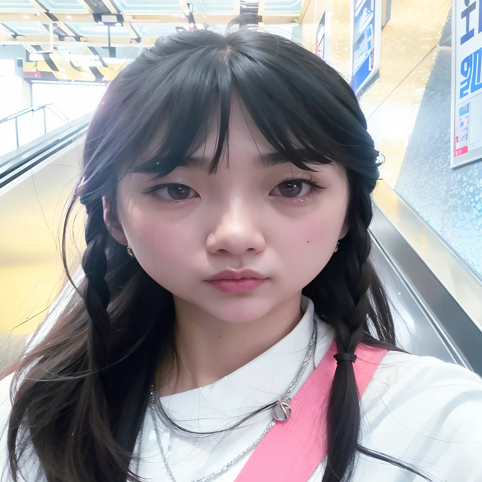 arafed asian woman with long hair and red lipstick standing in an escalator, ulzzang, with round face, portrait of jossi of blackpink, jaeyeon nam, jinyoung shin, with bangs, heonhwa choe, headshot profile picture, with full bangs, kim doyoung, gongbi, sakimichan, 8k selfie photograph
