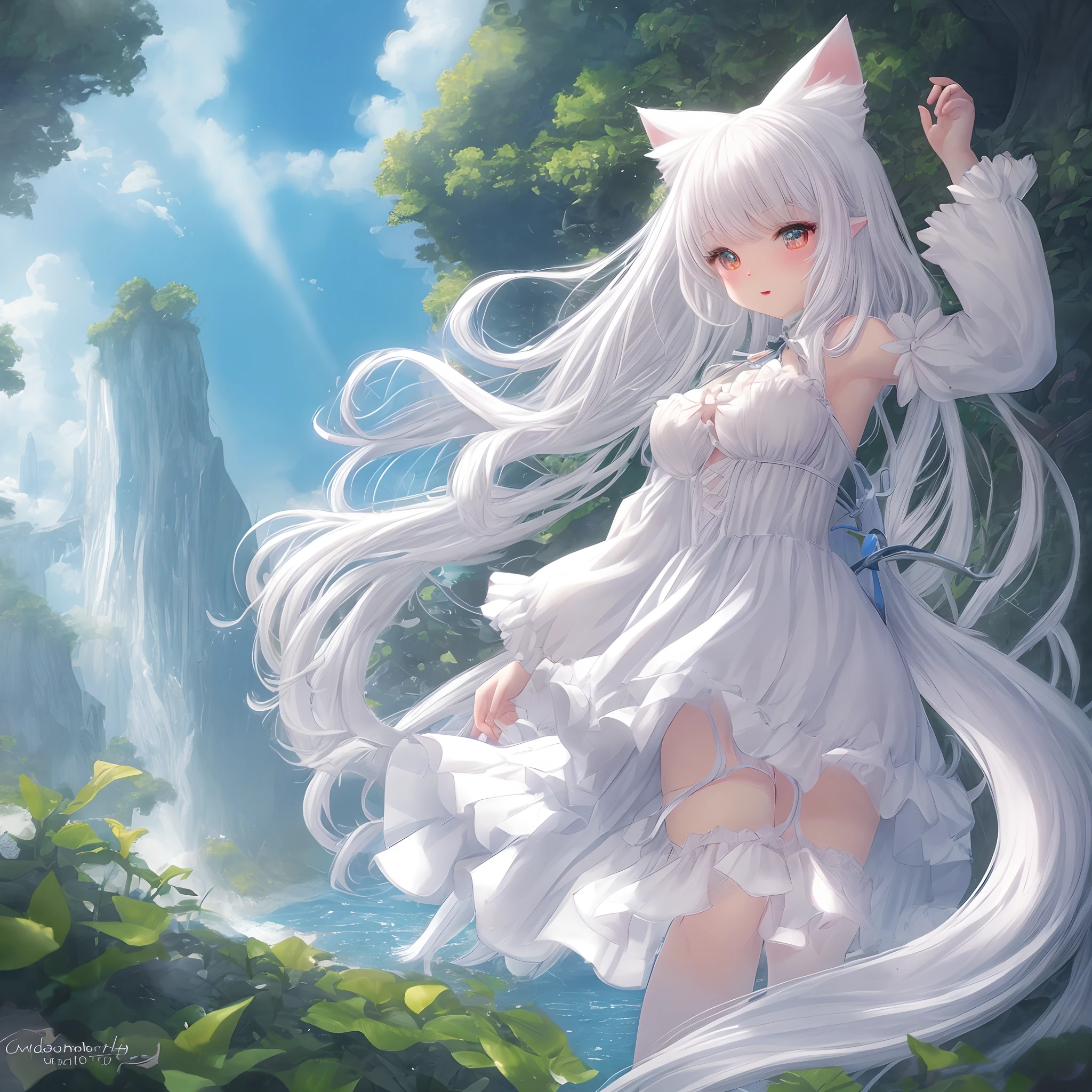 (Masterpiece), (Best Quality Anime Illustration), (Super Definition), One Girl, Solo, Beautiful Girl with Silver Hair, Anime Loli, Cat Ear Loli, See-Through Sexy Lingerie, Wet Sheer, Cottage with Mountain and Lake View