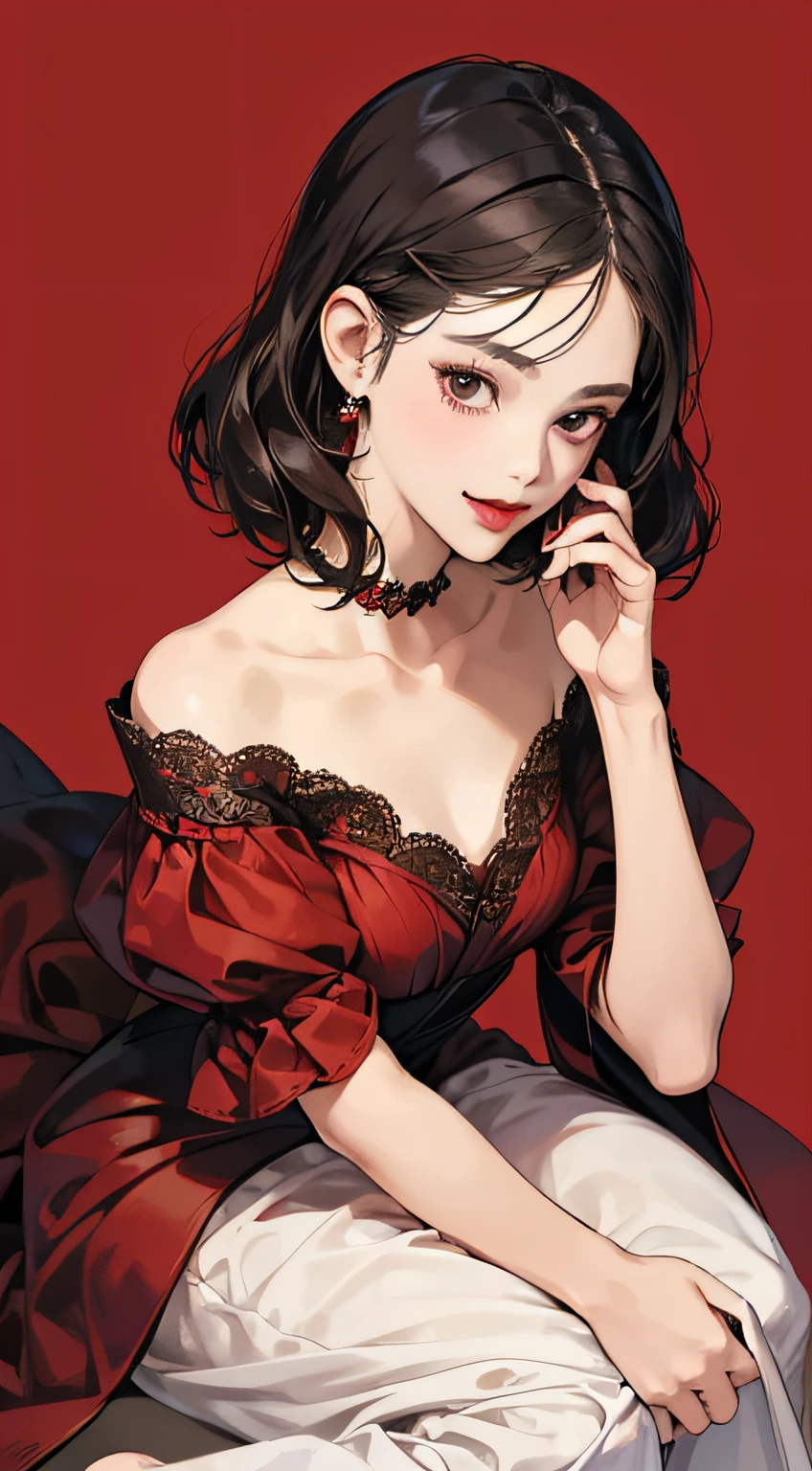 (illustratio:1.3)-yeld beiful woman in dress、smil、Dark hair、red lipsticks、Black eyes、Luxury accessories、Simple backgrounds、top-quality、masutepiece、2D