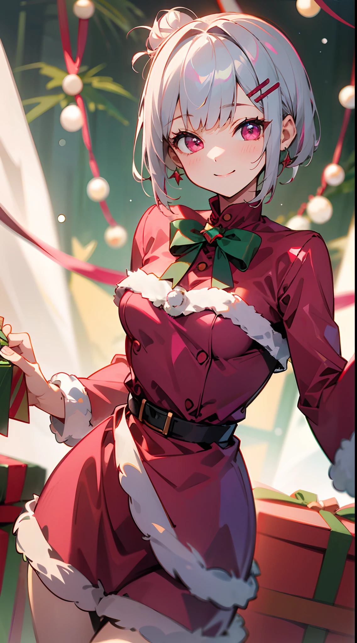 1girl in、Short hair with silver bob styled in a bun with hair clip, Pink eyes、small tits、A smile、Laugh、Christmas、Dressed in Santa Claus costume、Colors based on red and green