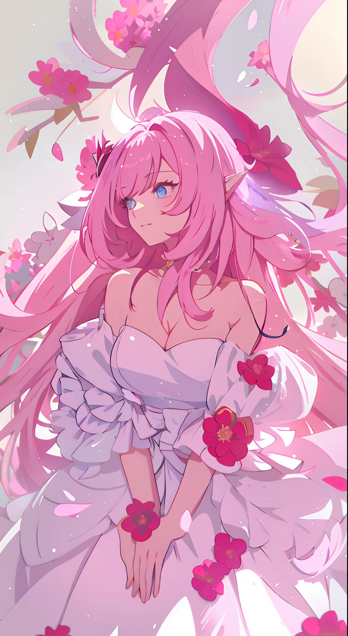 anime girl with pink hair and white dress surrounded by flowers, digital art on pixiv, beautiful anime art style, beautiful anime girl, cute anime waifu in a nice dress, sakura petals around her, zerochan art, anime artstyle, soft anime illustration, pixiv, anime art style, beautiful anime style, anime style 4 k, beautiful girl, wedding dress, elf ears, elysia, honkai impact, i love you