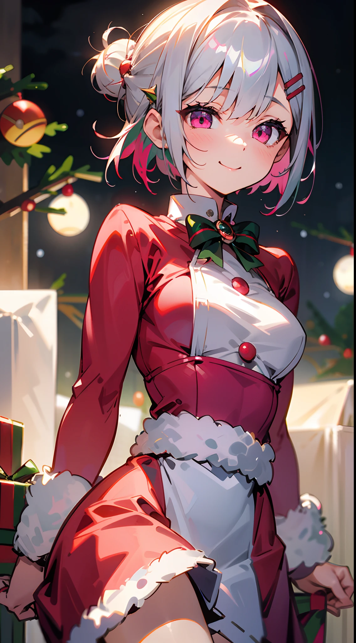 1girl in、Short hair with silver bob styled in a bun with hair clip, Pink eyes、small tits、A smile、Laugh、Christmas、Dressed in Santa Claus costume、Colors based on red and green