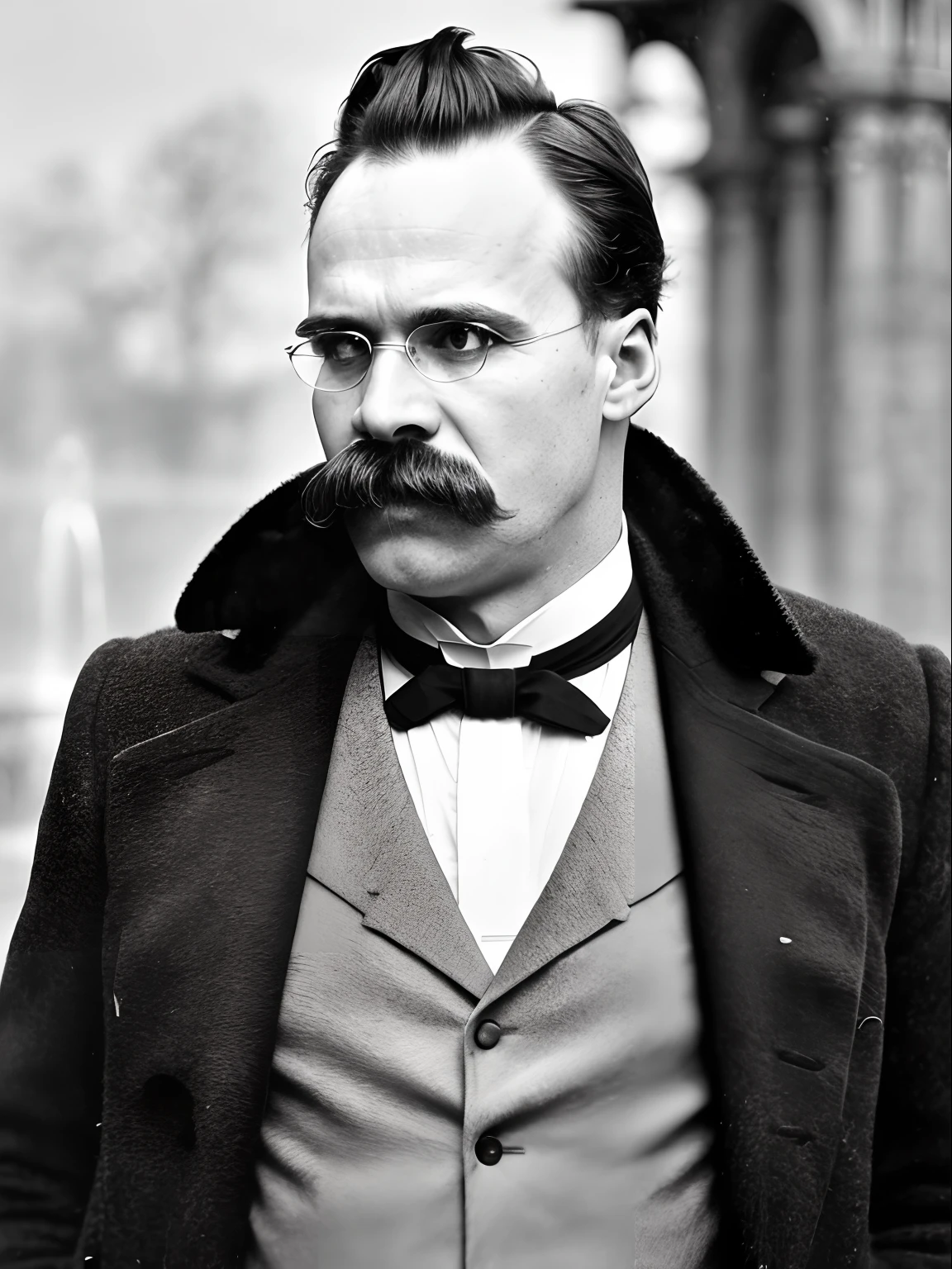 friedrichnietzsche,middle age, thick moustache, forehead, coat, white shirt, (standing by the fountain:1.1), (intricate details:0.9), (hdr, hyperdetailed:1.2), (natural skin texture, hyperrealism, soft light, sharp), (intricate details:0.9), (hdr, hyperdetailed:1.2), (natural skin texture, hyperrealism, soft light, sharp)