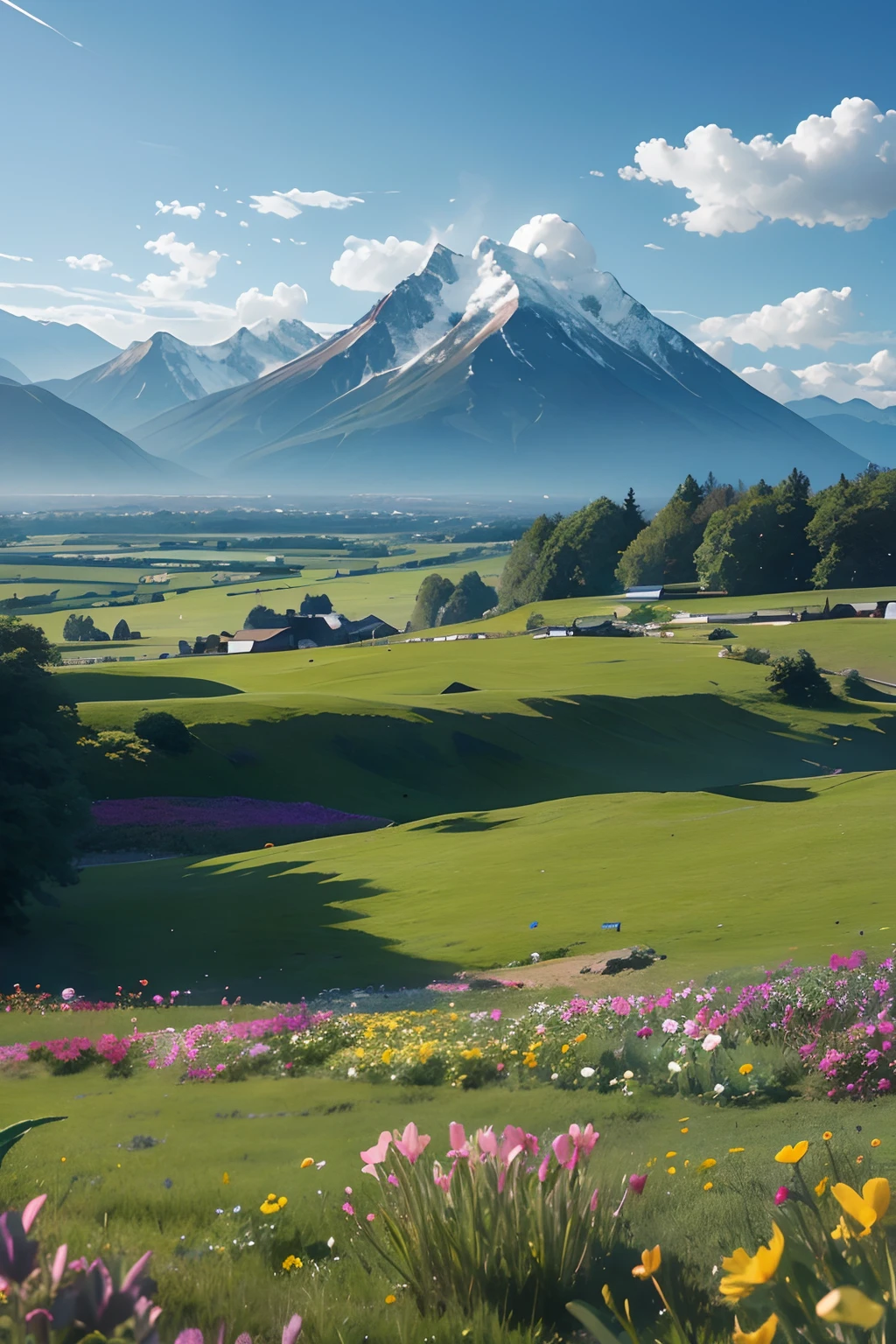 hightquality、Clouds are spreading、Meadow in the flower garden、I can see the mountains in the distance、