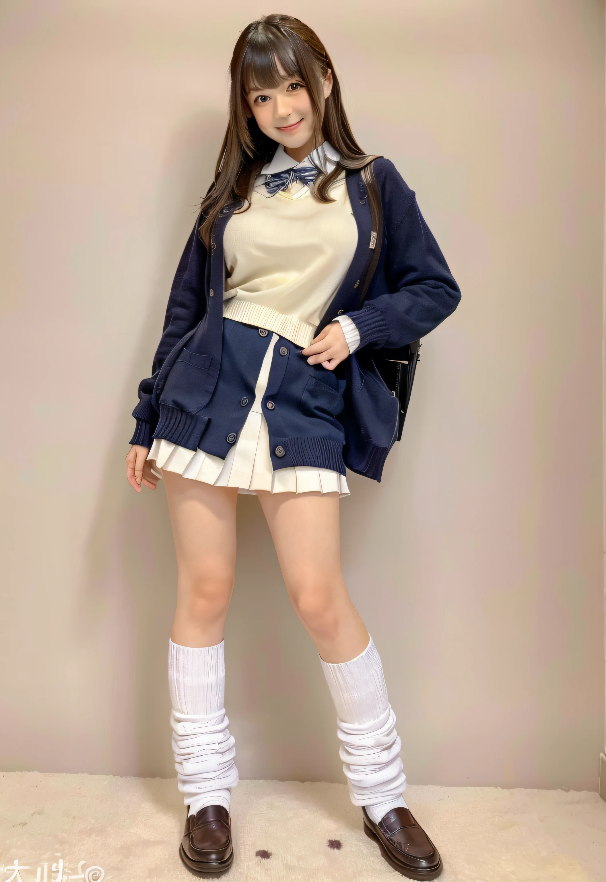 (Best Quality, 8K, 32K, masutepiece, nffsw, :1.2), japanaese girl, teenager, 1girl, Ultra-detailed face, Chest tightness, Detailed eyes, very detailed lips, dark brown hair, figure, Natural lighting, (Whit Loose Socks:1.3), Smiling, (Big Breast:1.2), sit on a chair with one's legs crossed, school uniform, sailor uniform, school girl, tall stature, (mini skirt), off white cardigan, loafers