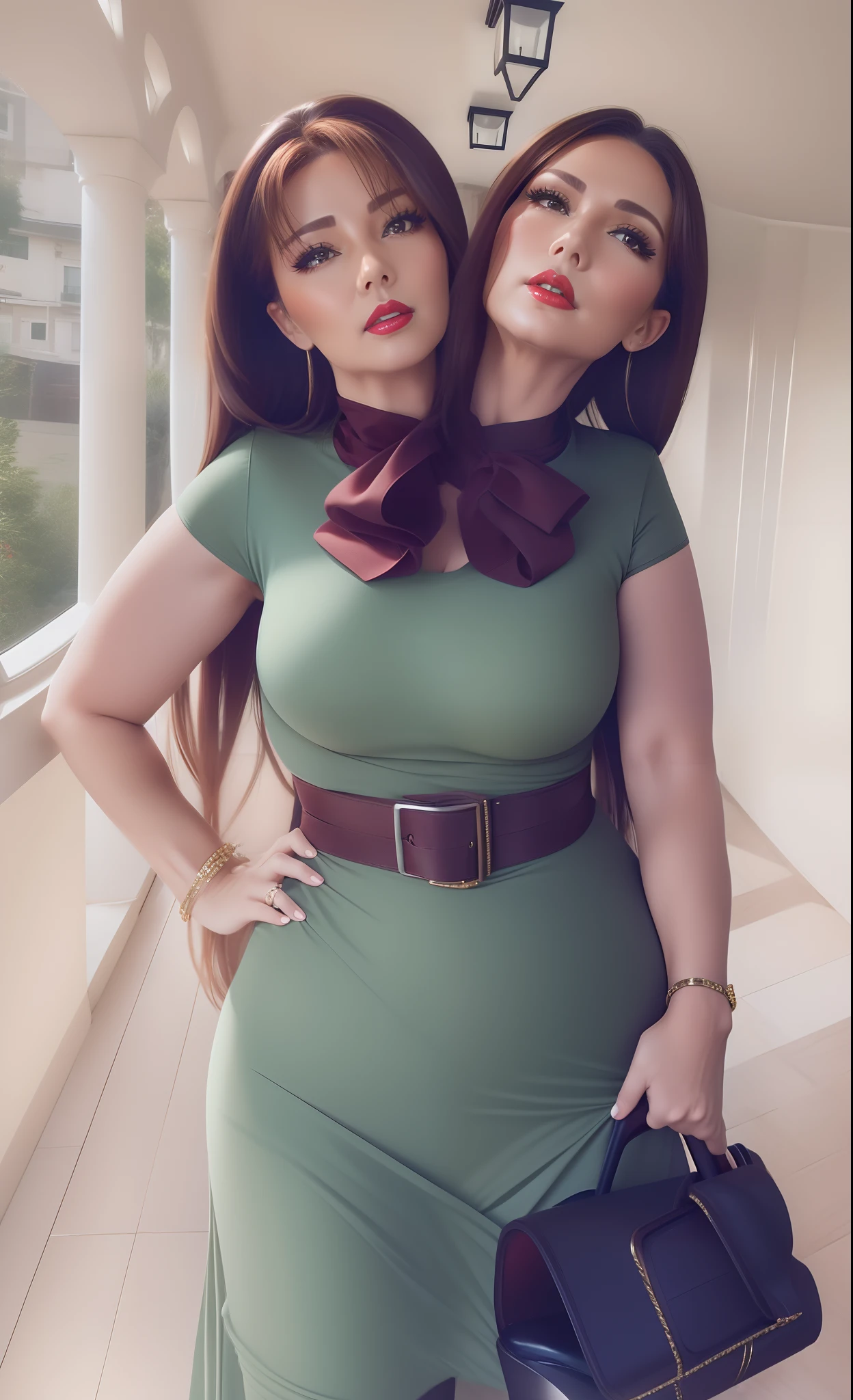 2 heads,Photo of a 50-year-old woman with brown hair, a captivating gaze, Brown eyes, Wrinkles on her face, Black pantyhose,Black High Heel Boots,She wears very sexy lingerie underwear、、Revealing her large sagging breasts, Light makeup and red lips. 32K