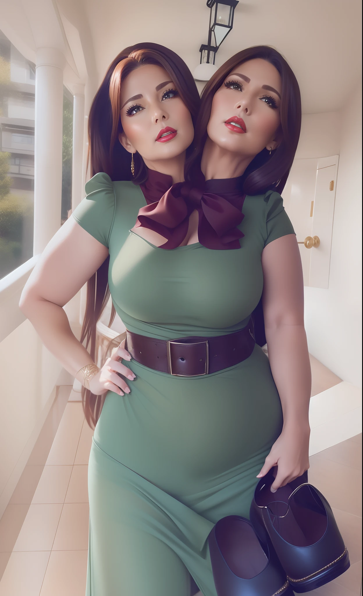 2 heads,Photo of a 50-year-old woman with brown hair, a captivating gaze, Brown eyes, Wrinkles on her face, Black pantyhose,Black High Heel Boots,She wears very sexy lingerie underwear、、Revealing her large sagging breasts, Light makeup and red lips. 32K