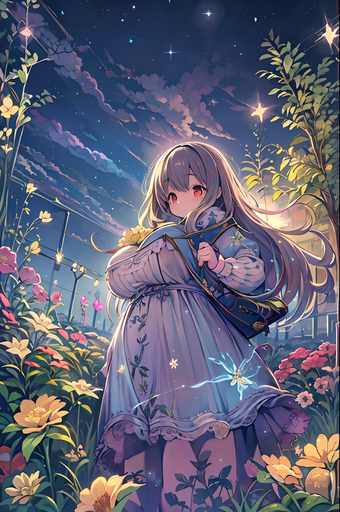 of the highest quality, high_resolution, Distinct_image, Detailed background, girl, flower, garden, Starry sky,、Huge chubby、Ultramammy