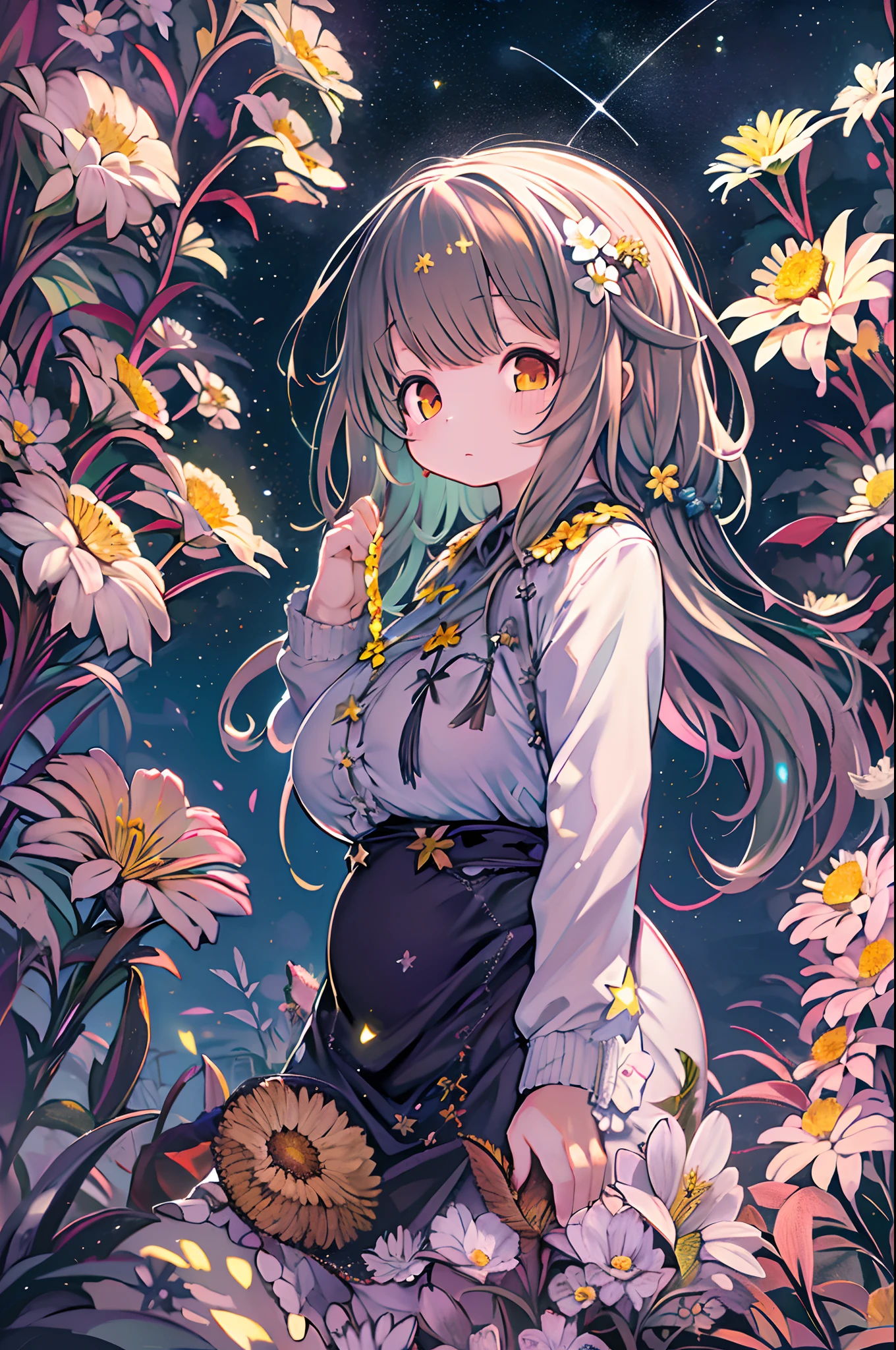 of the highest quality, high_resolution, Distinct_image, Detailed background, girl, flower, garden, Starry sky,、Huge chubby、Ultramammy