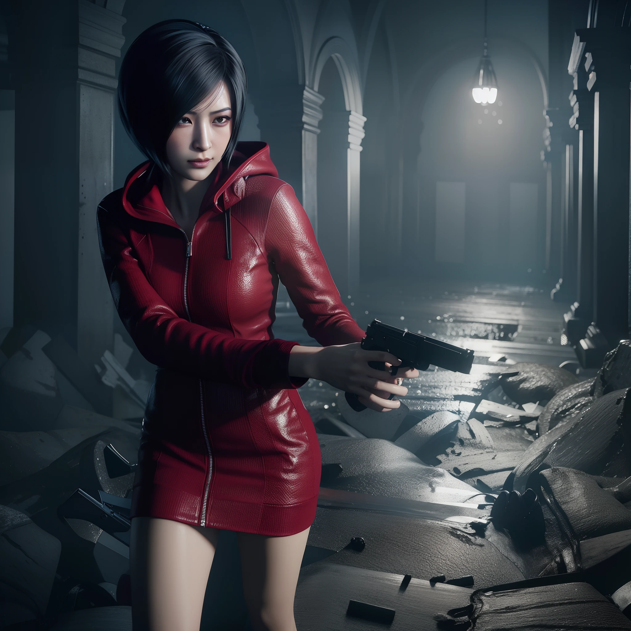 Ada wong, beautiful face, woman, bob hair, perfect Face, wearing mini red dress hoody, wearing hoody, black nail polish