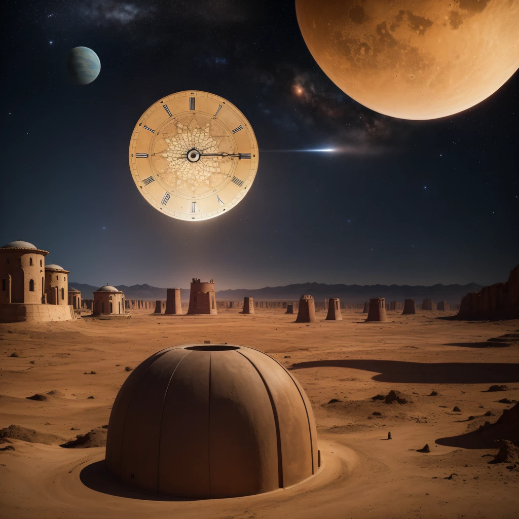 Clock base (Very detailed) In the mountainous desert,There are several exhaust fans and chimneys, Some spotlights come out of the clock base to illuminate dark places, UHR(Extreme nights), Some clouds in the night sky, Some of the surrounding planets provide air to planets whose clocks are unknown,The giant clock farthest from the clock is erupting