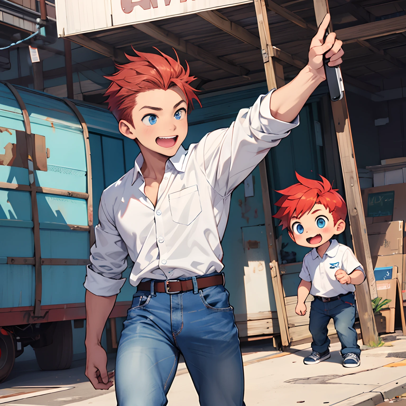 1boy, cute chibi , redhead, blue eyes, binoculars, white shirt and blue jeans, excited