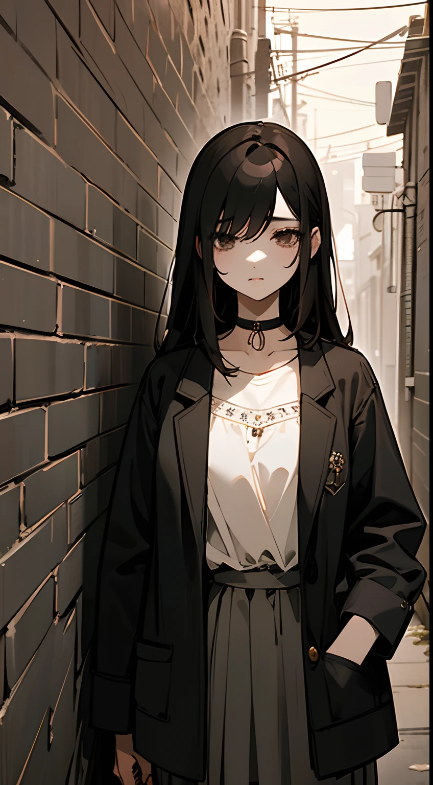 top-quality、intricate-detail、line-drawing、monochromes、One girl、length hair、A dark-haired、Unkempt hair、Hair in one eye、sharp eye、a choker、The shirt、Open jacket、Interparial、Brick wall、doodle、dim lighting、alleyway,Vintage