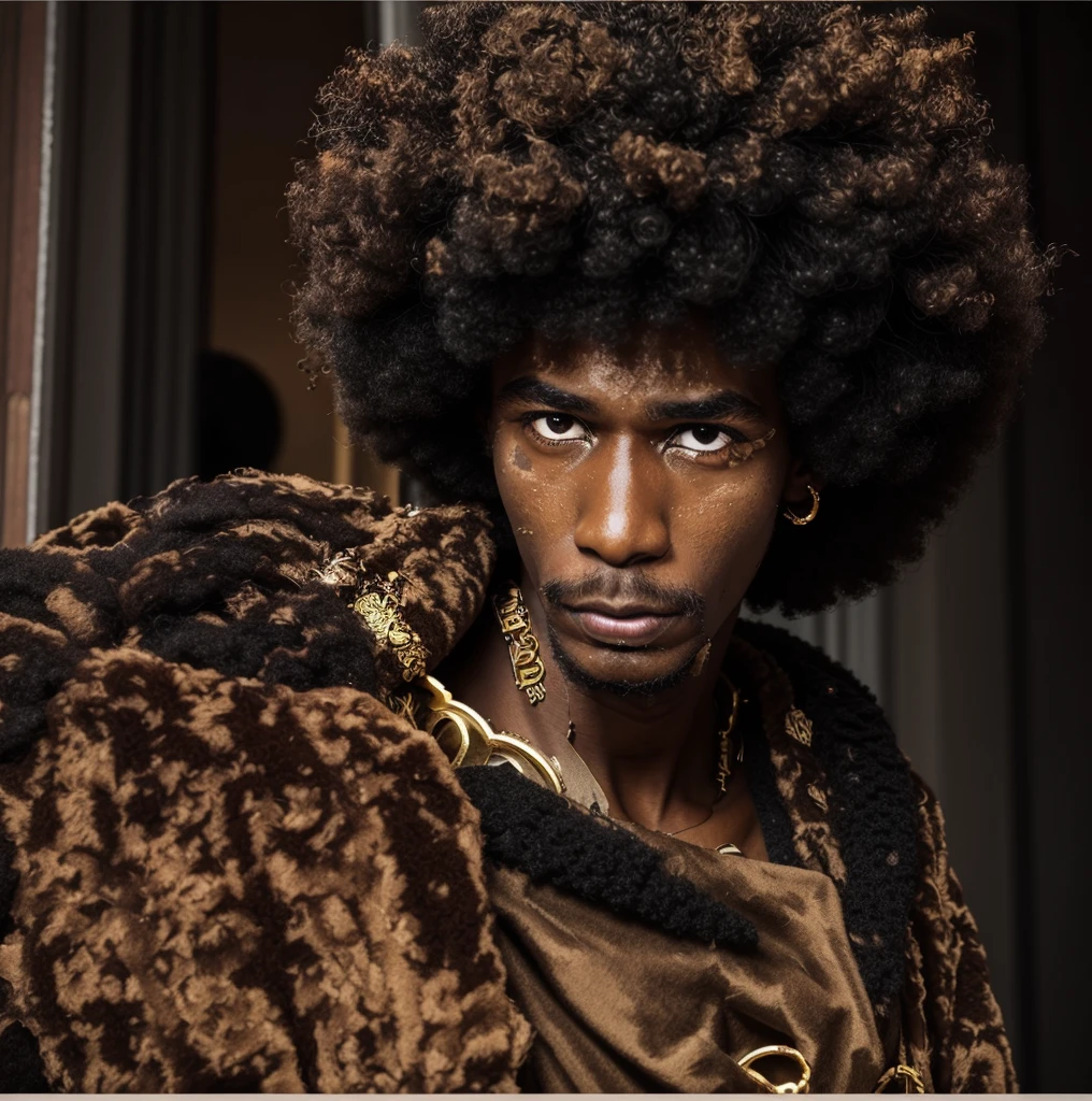 An african god with afro Hair wearing 80s clothes, african necklaces, afrofuturism fashion, afrofuturism