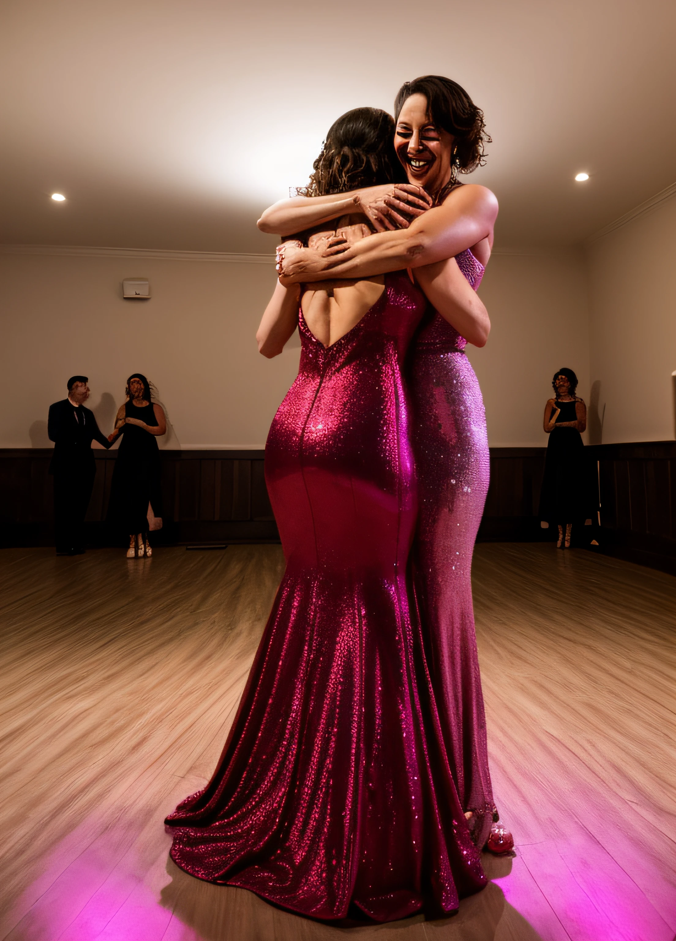 mother and daughter both in tight evening gown on dance floor dancing the waltz while embracing with their hands on each other's asses