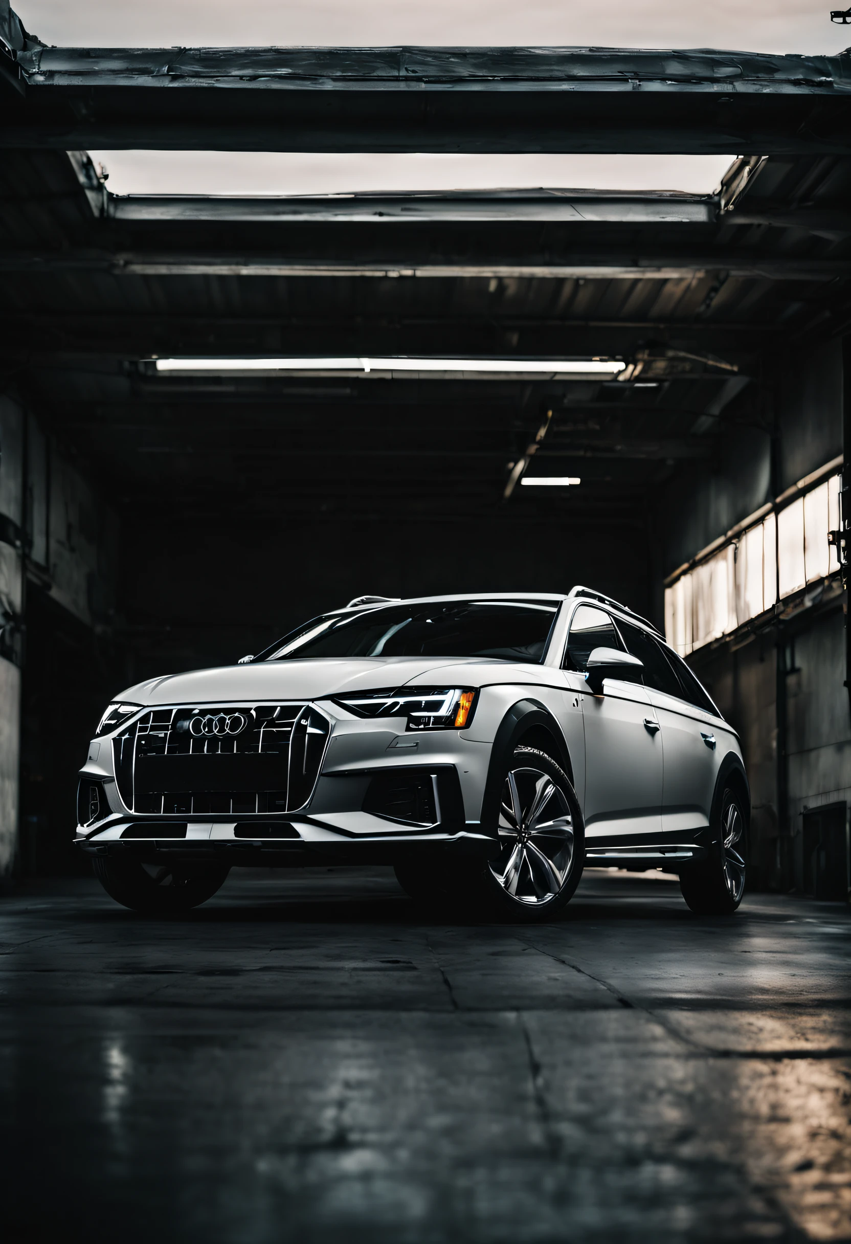 Um Audi A4 allroad quattro 2019, dentro de uma garagem, cinematic color grading, cinematic  composition, Epic composition, Ultra Wide Angle View, luz cremosa, Top View Camera Angle, shot in studio with a Phase One IQ180, com lente 24mm