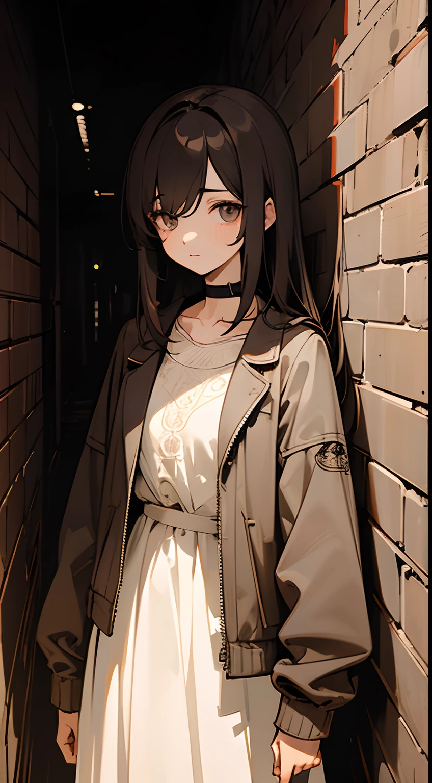 top-quality、intricate-detail、line-drawing、monochromes、One girl、length hair、A dark-haired、Unkempt hair、Hair in one eye、sharp eye、a choker、The shirt、Open jacket、Interparial、Brick wall、doodle、dim lighting、alleyway,Vintage