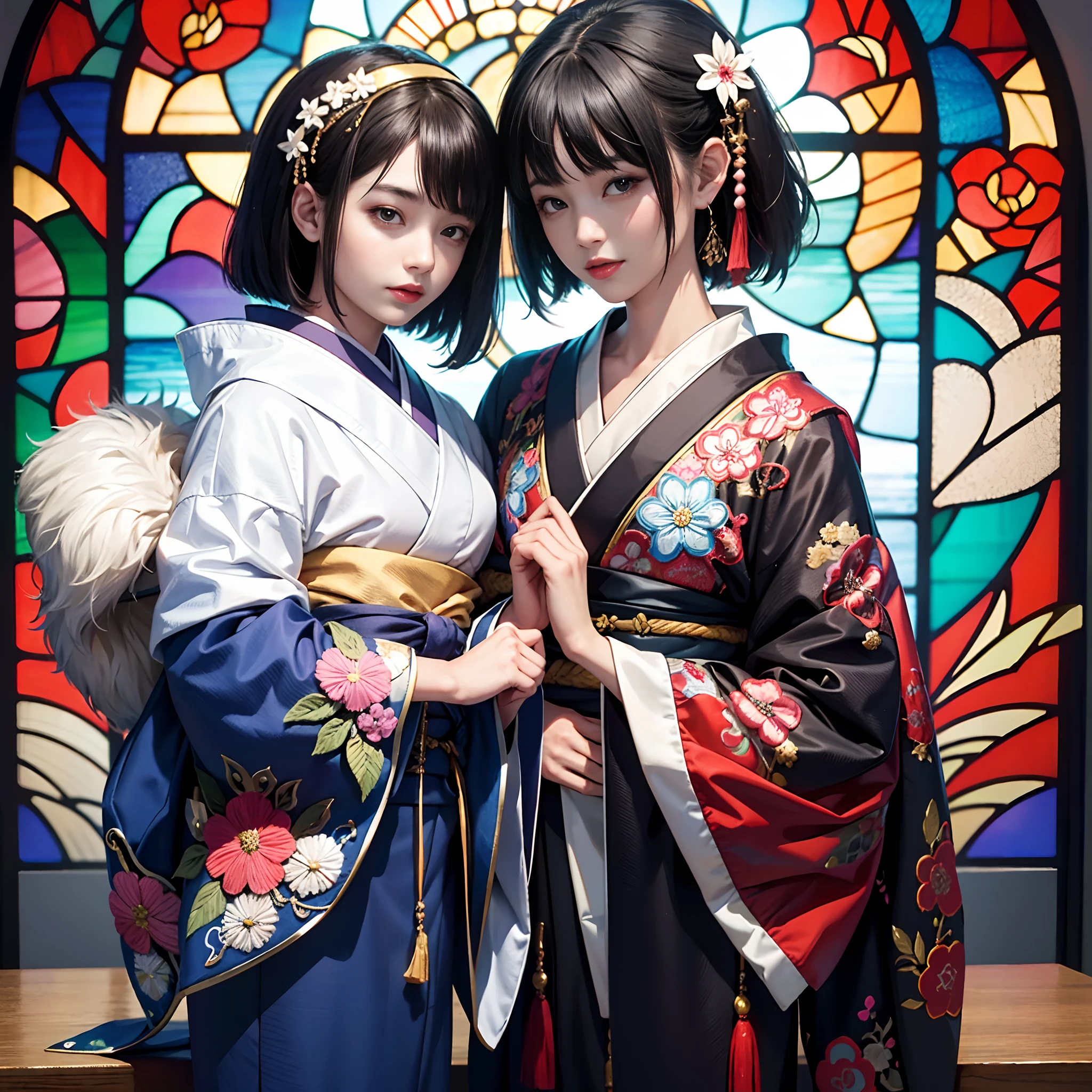 Background of details(Intricate stained glass),BREAK ,elaborate costume(Luxurious Japan kimono(Colorful kimono(detailed embroidery()))),BREAK,(1 Beautiful and classy adult woman(Shy smile:1.2)(Japanese actressl:1.2)(A dark-haired:1.2(short-hair:1.2))),(eye glass:1.2),(Praying to stained glass),BREAK,Wallpapers 16K,Blur the background,)(masutepiece,Best Quality,Portrait photos):1.5),full body Esbian,3D Pixel Art