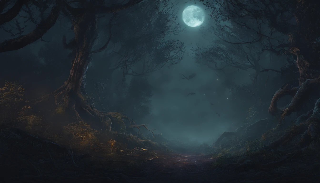(best quality,4k,8k,highres,masterpiece:1.2),ultra-detailed,(realistic,photorealistic,photo-realistic:1.37),dark dense forest at night,thick tree roots,no path,mysterious atmosphere,enchanting moonlight,slightly foggy ambiance,dappled moonlight shining through the trees,ominous shadows,whispering leaves,gloomy setting,eerie silence,sparse moonlit glades,entangled branches and vines,sinister aura,isolated and secluded location,majestic tall trees,remote and hidden corners,spooky and mystical vibes,ominous rustling in the undergrowth,imposing and ancient tree trunks,night creatures lurking,shifting shadows among the trees,faint moonlit reflections on the forest floor,moonlit canopy overhead,captivating and mysterious landscape,ethereal and otherworldly mood,deep and dense foliage,unseen creatures whispering in the darkness