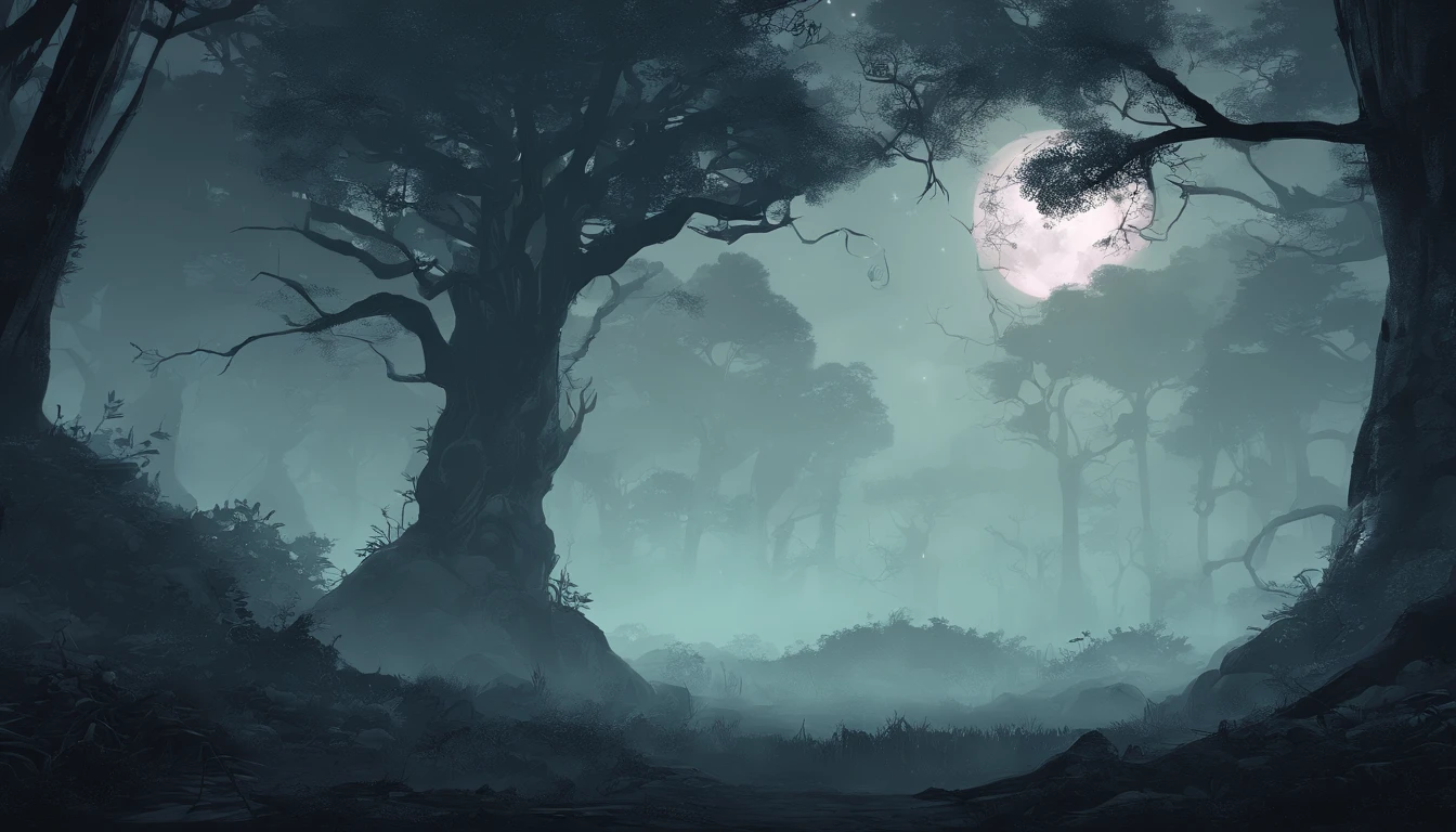 A dark forest with a full moon in the distance - SeaArt AI